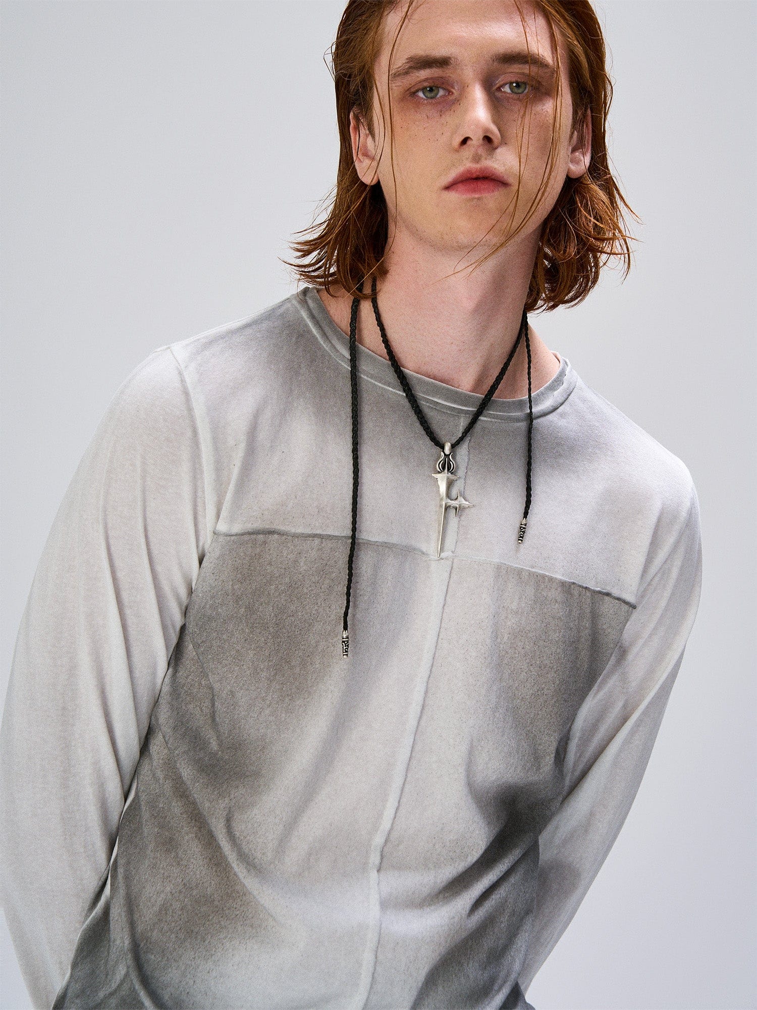 FLYERRER Washed Gradient Cross-Panel Raw-Edge Long-Sleeve Tee, premium urban and streetwear designers apparel on PROJECTISR.com, FLYERRER