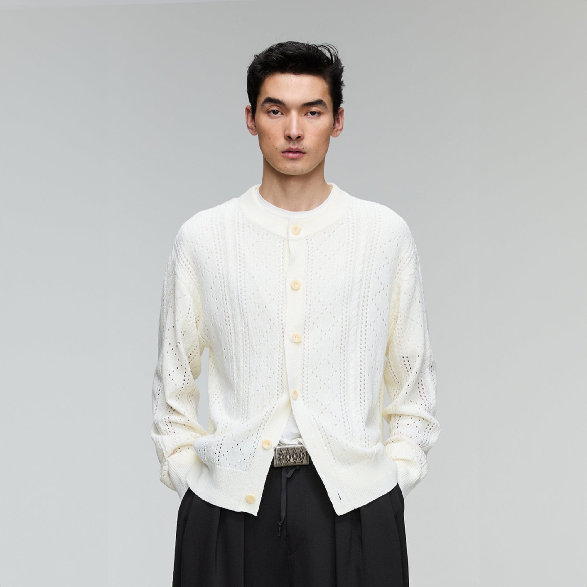 OPICLOTH Eyelet Knit Button-Up Cardigan, premium urban and streetwear designers apparel on PROJECTISR.com, OPICLOTH