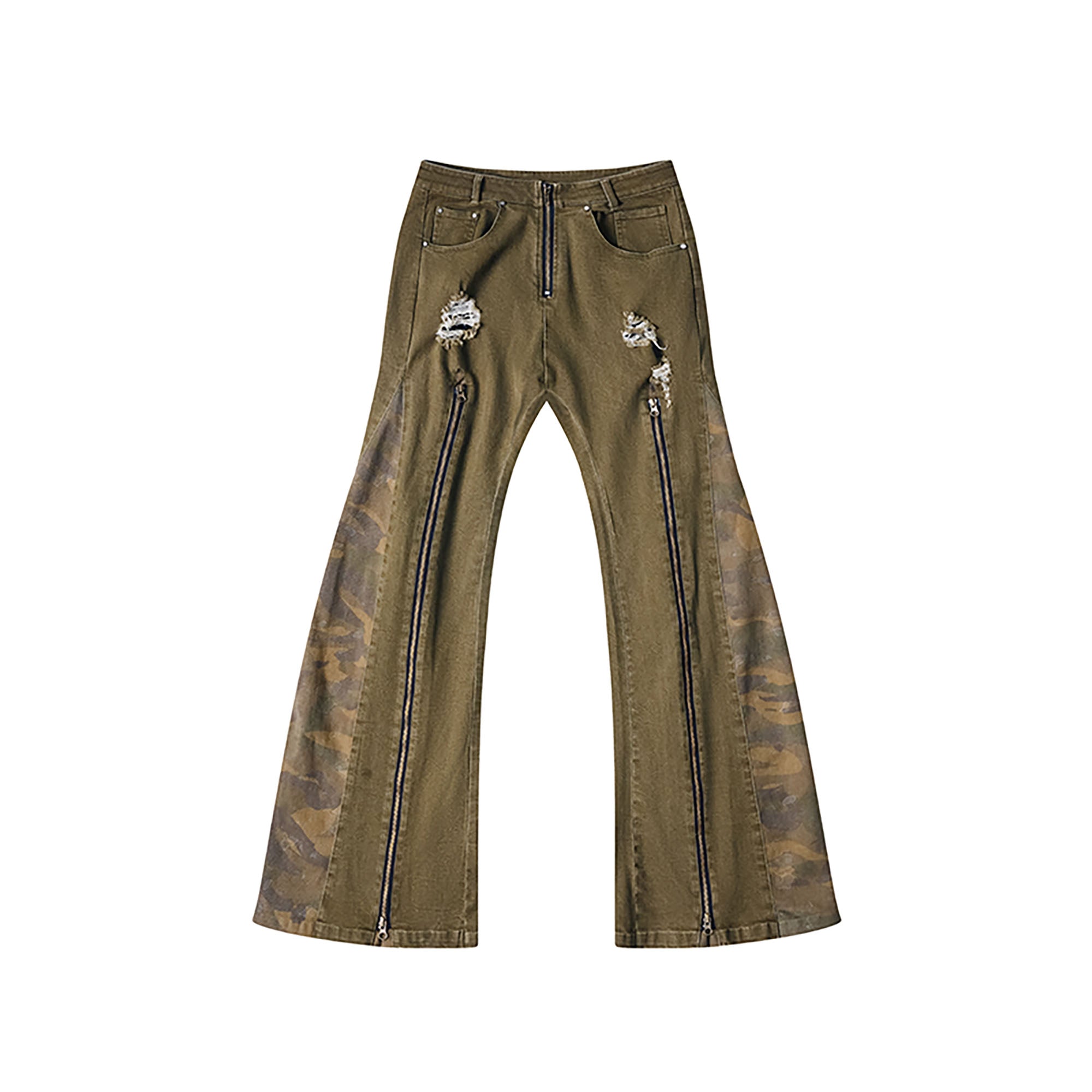 RECOVER ZONE Distressed Middle-Zip Camo Flared Jeans