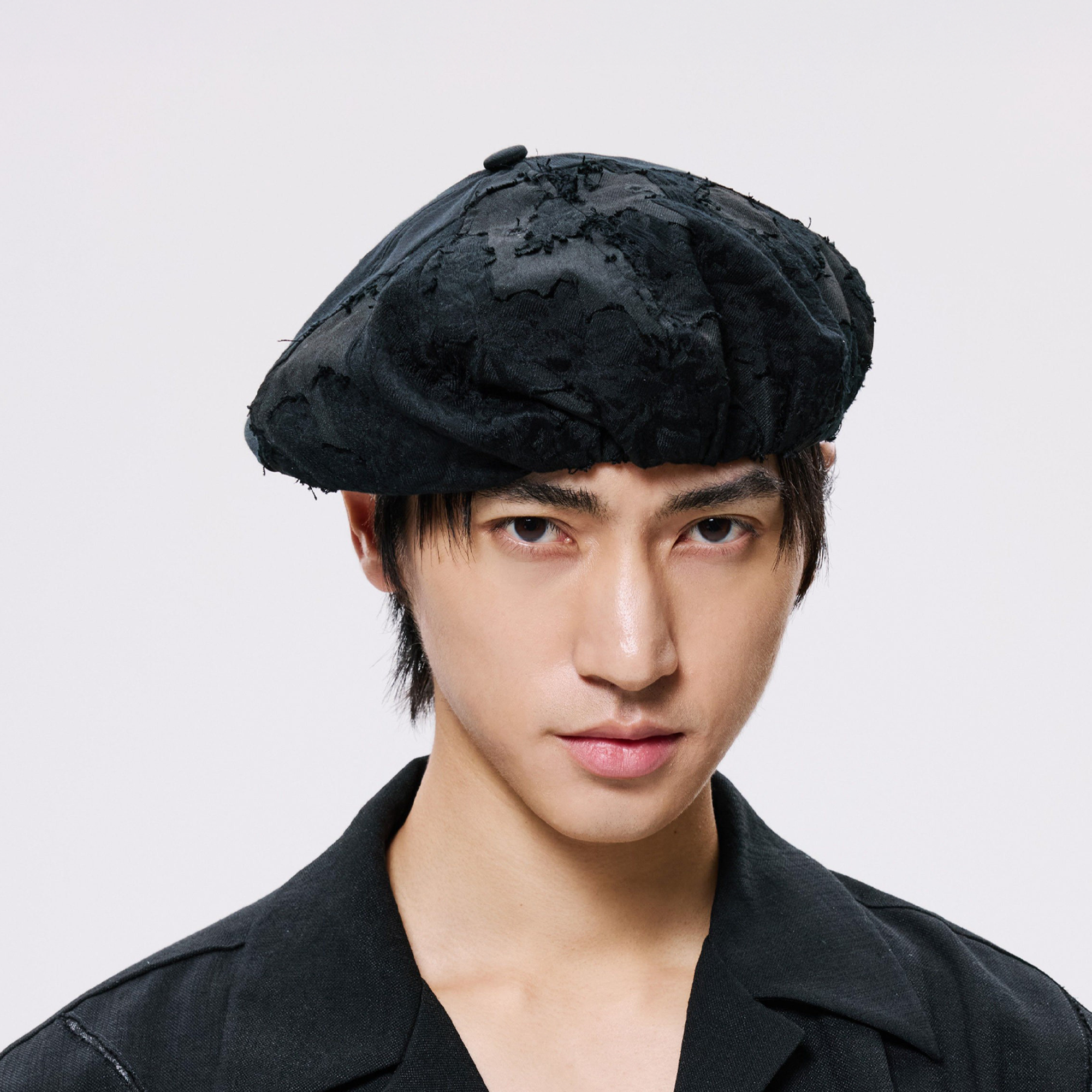 ALVNG AR ANTS Burnout Jacquard Paneled Acetate Beret, premium urban and streetwear designers apparel on PROJECTISR.com, ALVNG AR ANTS