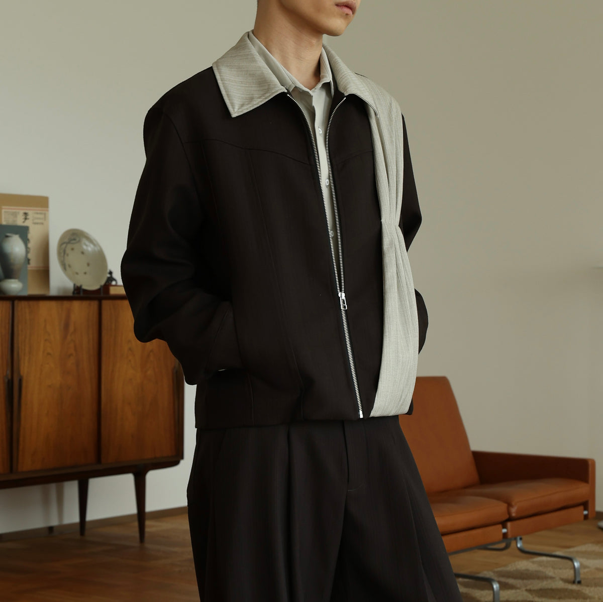 OKAYTHXBYE Deconstructed Spliced Textured Stripe Short Jacket
