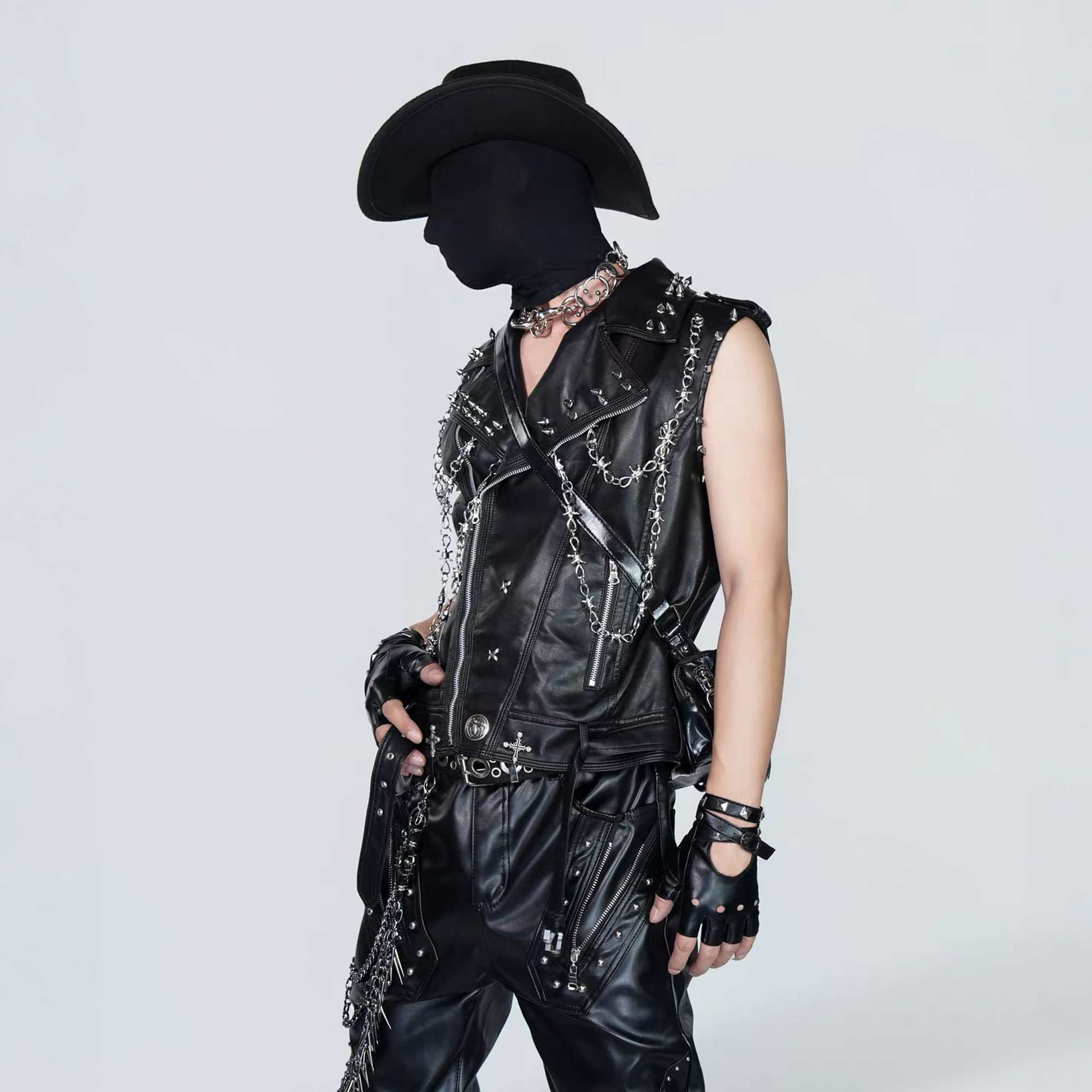 VE2 Thorn Chain Studded Faux Leather Biker Vest