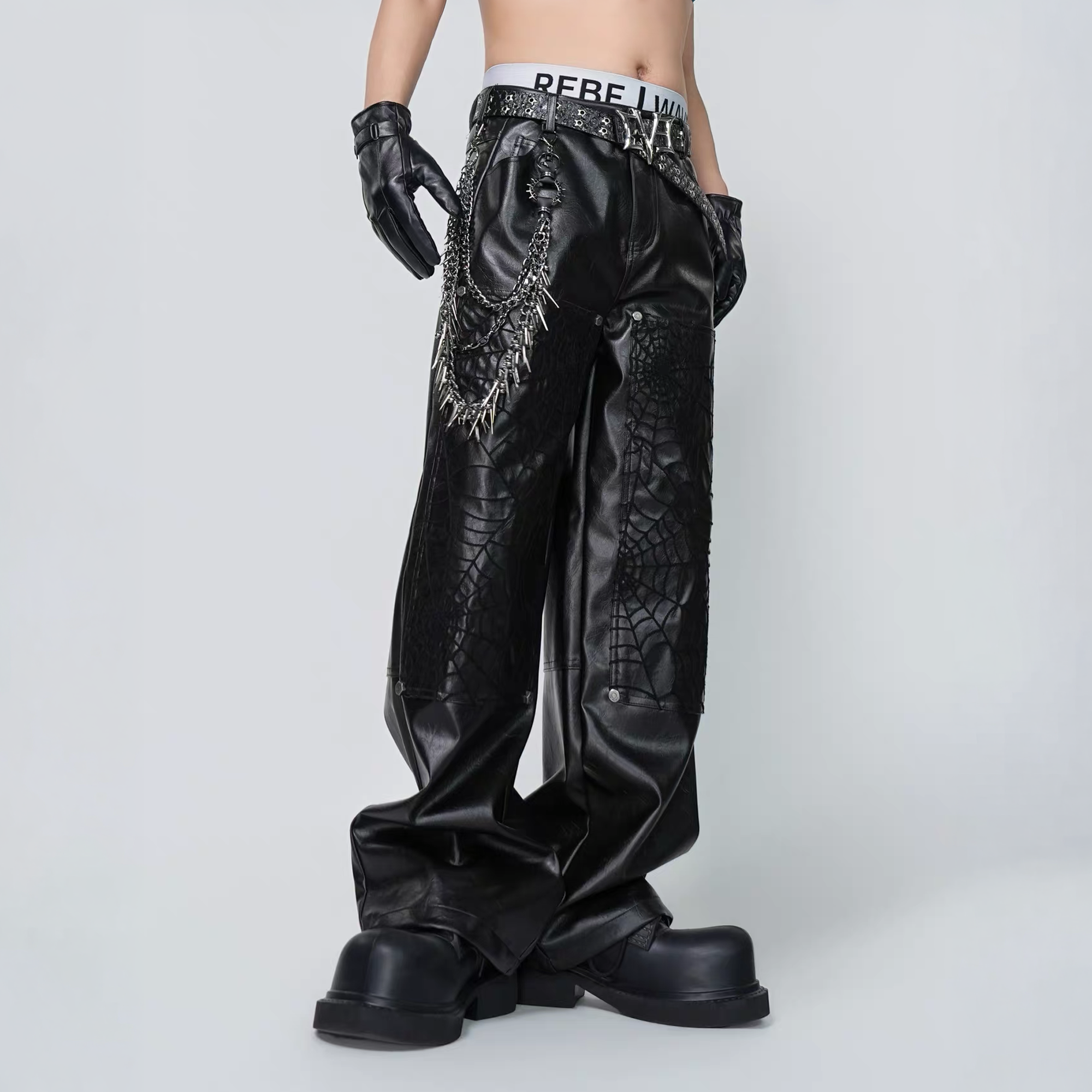 VE2 Spiderweb Paneled Metal Straight-Leg Pants