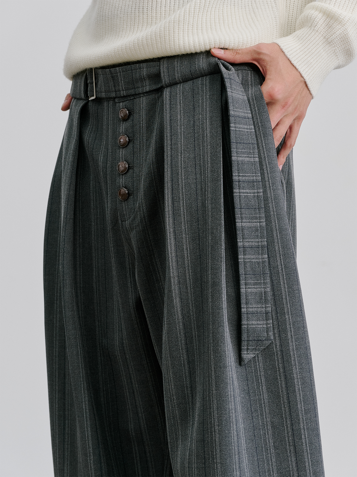 CATSSTAC Striped Belted Button Fly Wide-Leg Trousers