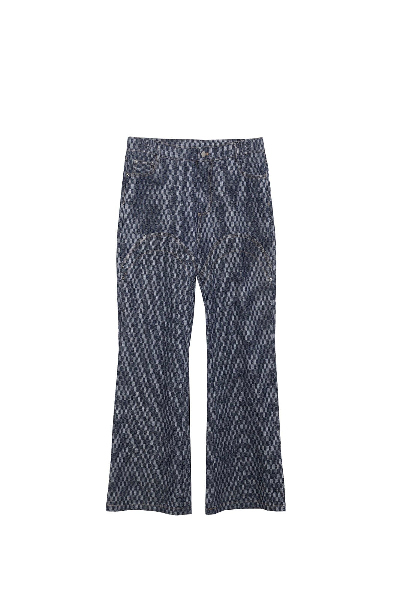ASSEEN Checkerboard Knee Paneled Flared Jeans, premium urban and streetwear designers apparel on PROJECTISR.com, ASSEEN