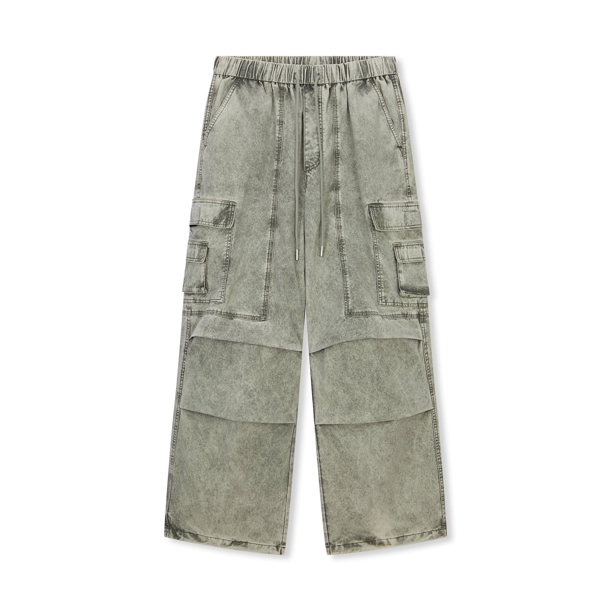 BONELESS Washed Pleated-Knee Drawstring Cargo Pants