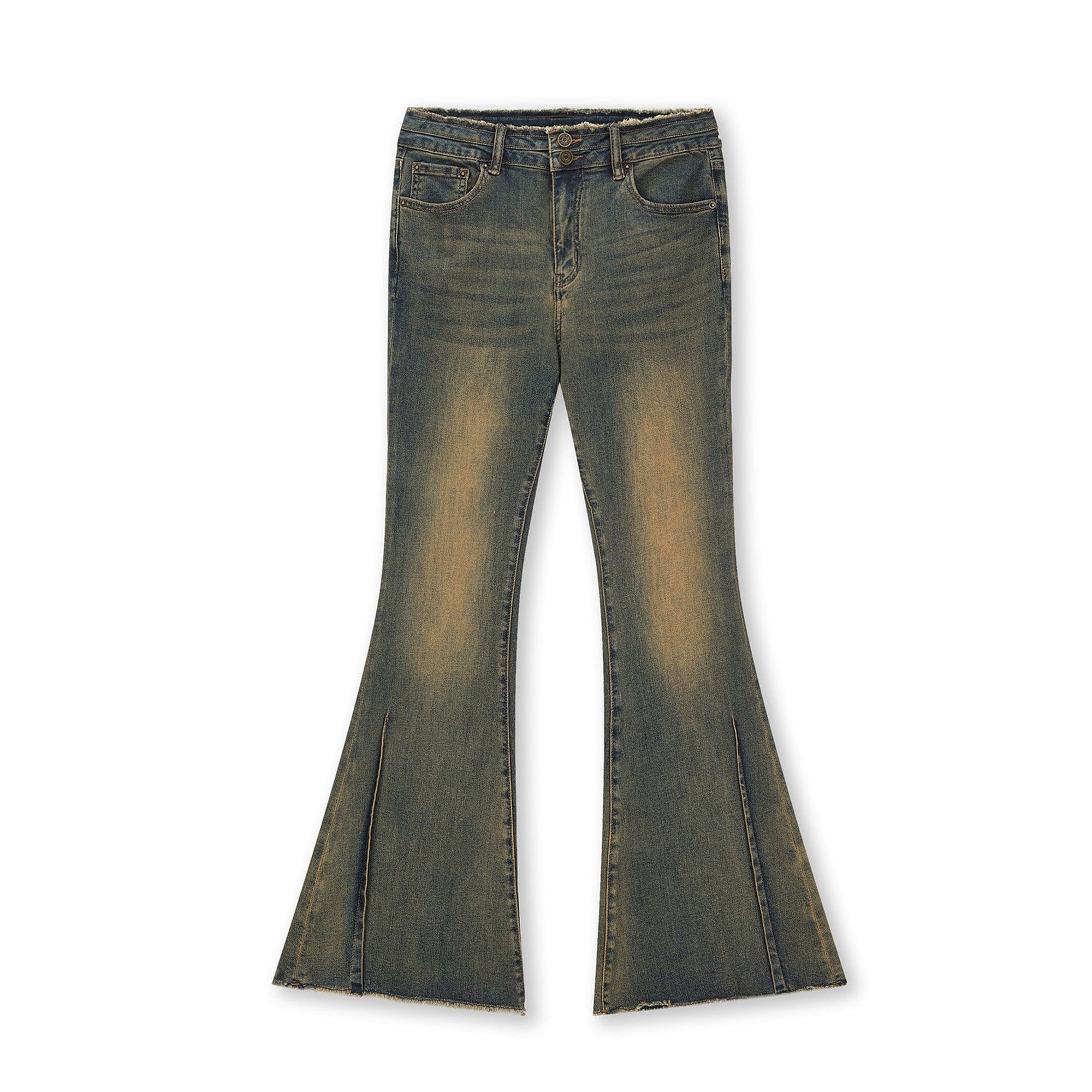 BONELESS Washed Frayed Hem Flared Jeans