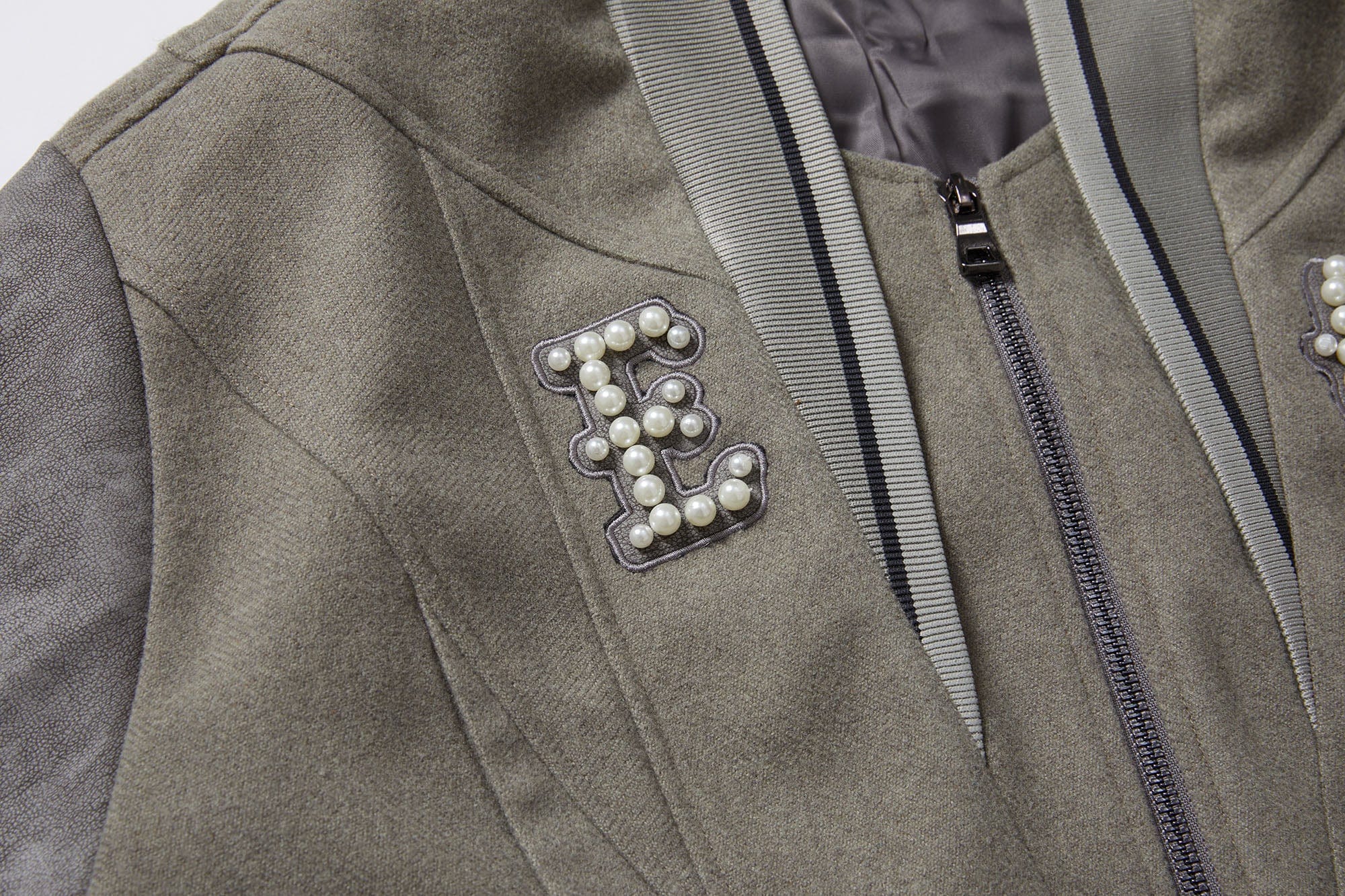 ERROR CODE ROBOT Pearl Embellished Paneled Varsity Jacket, premium urban and streetwear designers apparel on PROJECTISR.com, ERROR CODE ROBOT