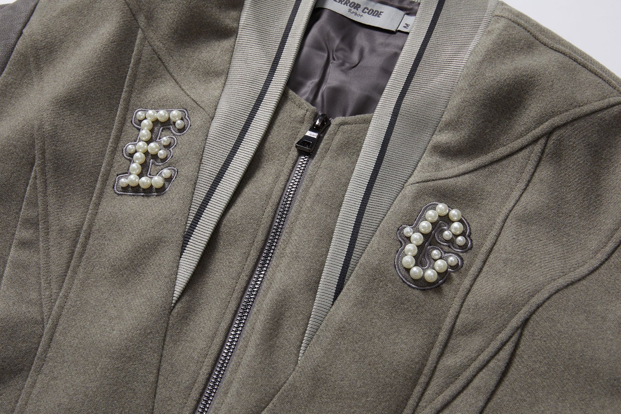ERROR CODE ROBOT Pearl Embellished Paneled Varsity Jacket, premium urban and streetwear designers apparel on PROJECTISR.com, ERROR CODE ROBOT