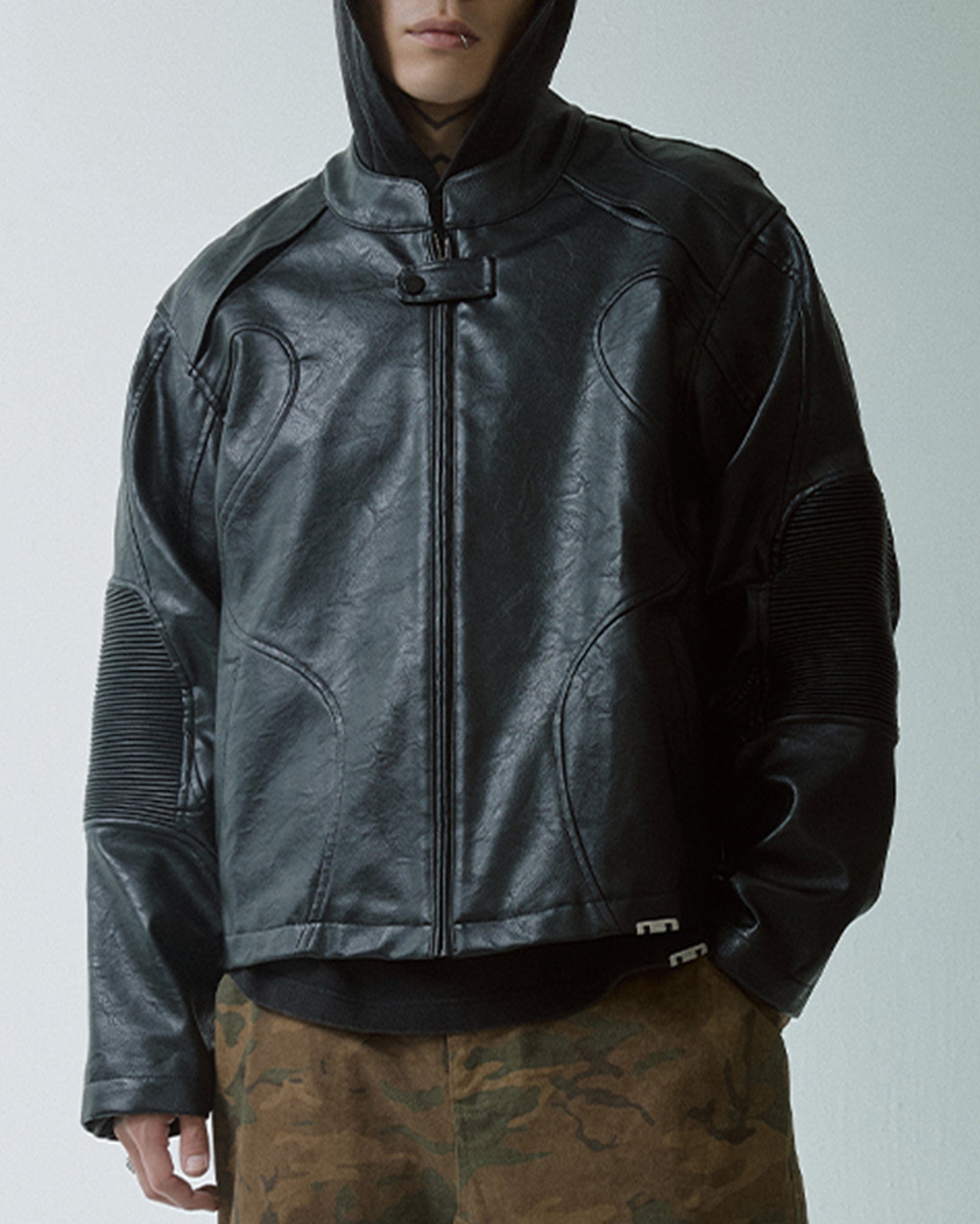 F2CE Modern Deconstructed Faux Leather Biker Jacket Black, premium urban and streetwear designers apparel on PROJECTISR.com, F2CE