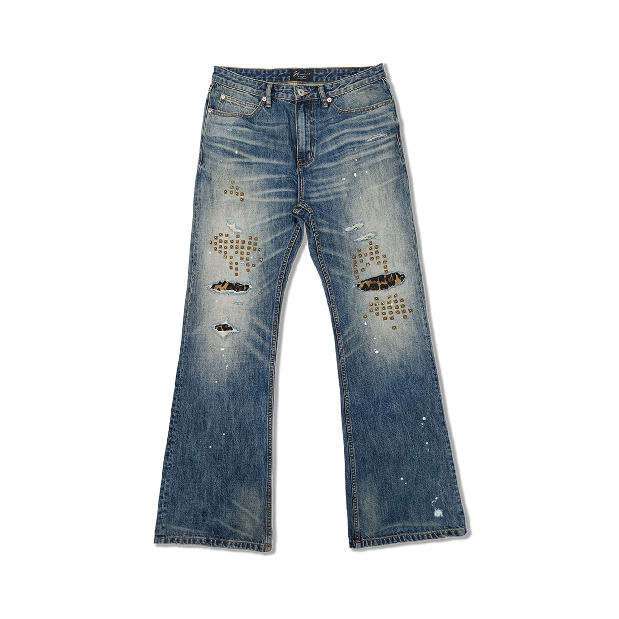 WANNA LAB Distressed Leopard Patch Studded Paint-Splattered Flared Jeans