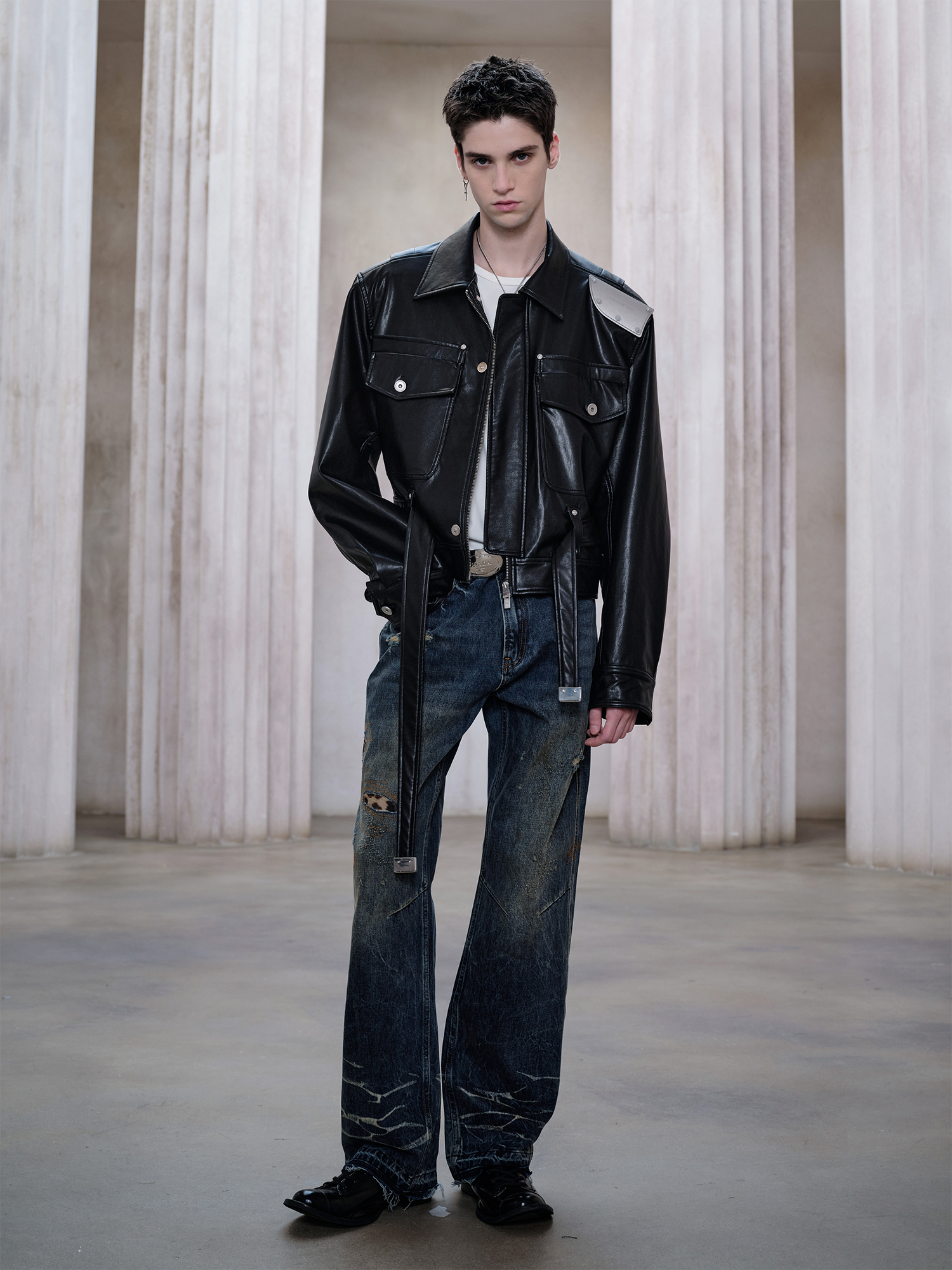FACEONLAB Metal Epaulettes Belted Faux Leather Jacket Black