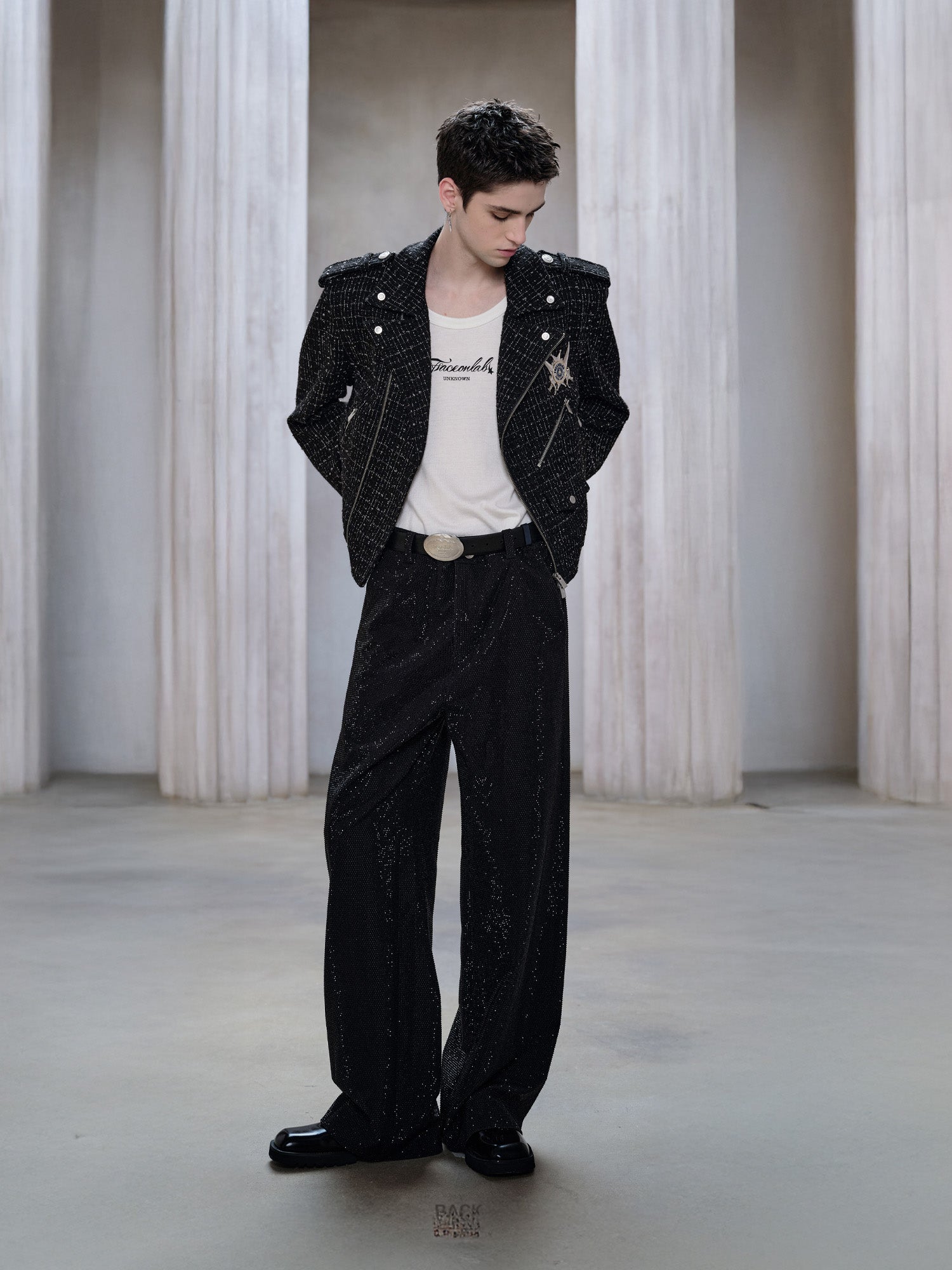 FACEONLAB Metal Badge Multi-Zip Tweed Biker Jacket