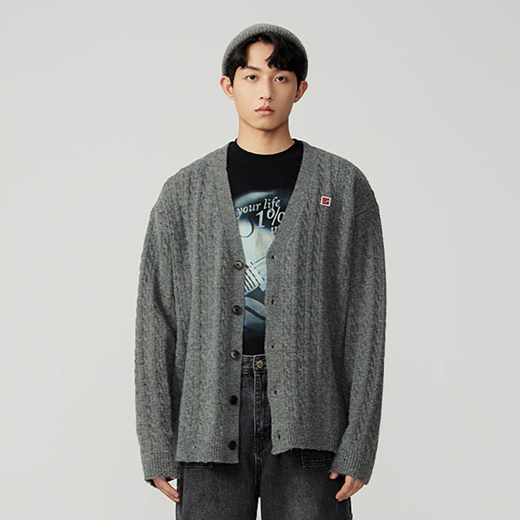OPICLOTH Cable-Knit V-Neck Button-Up Cardigan, premium urban and streetwear designers apparel on PROJECTISR.com, OPICLOTH