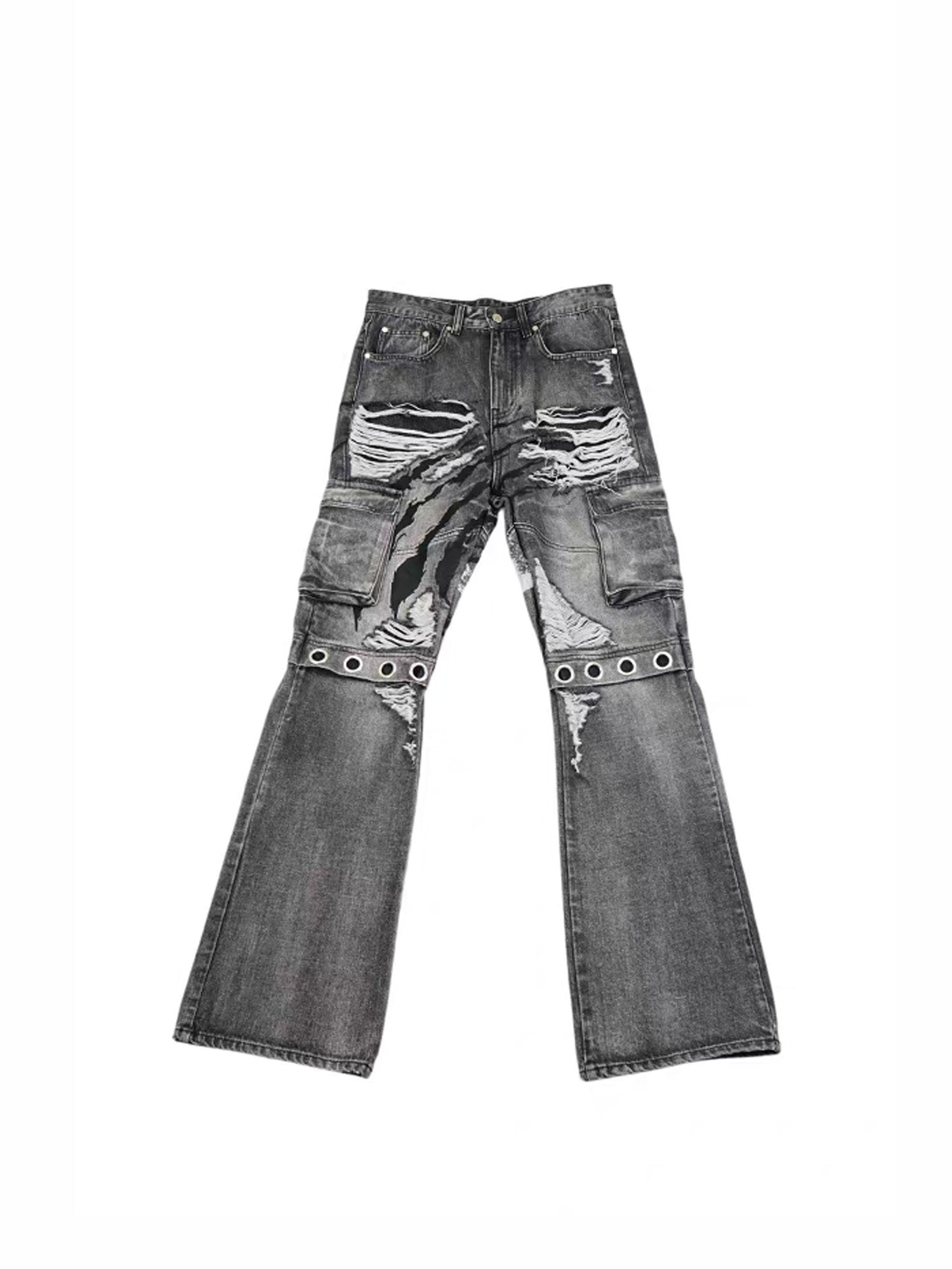 VINKID Distressed Grommet Strap Flared Jeans, premium urban and streetwear designers apparel on PROJECTISR.com, VINKID