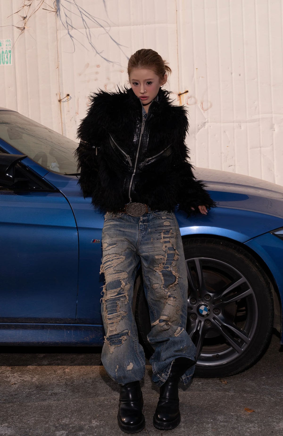REBEL WAVE Faux Leather Zippered Faux Fur Jacket