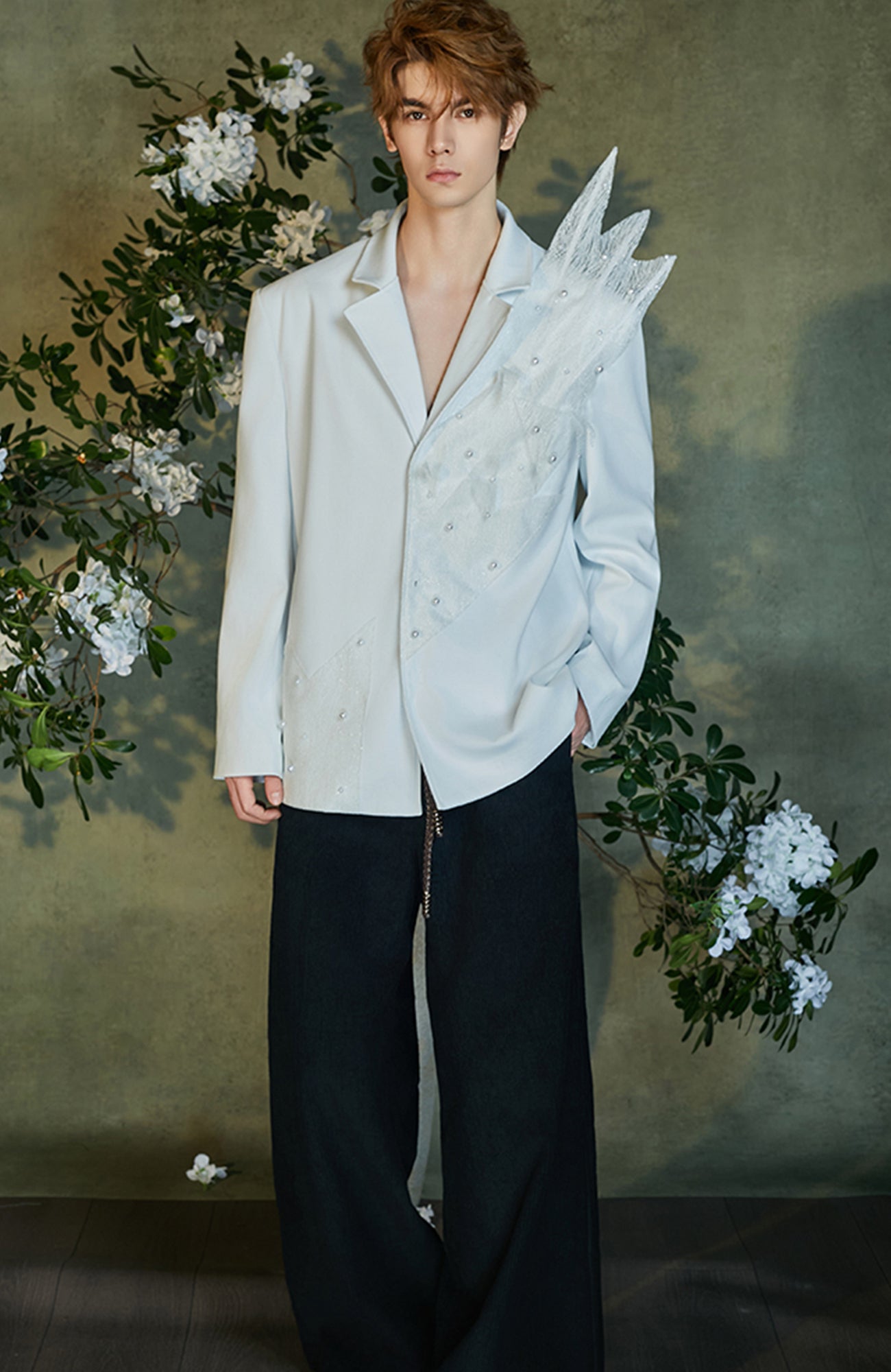 JIECHI Pearl-Embellished Sheer Feather Blazer