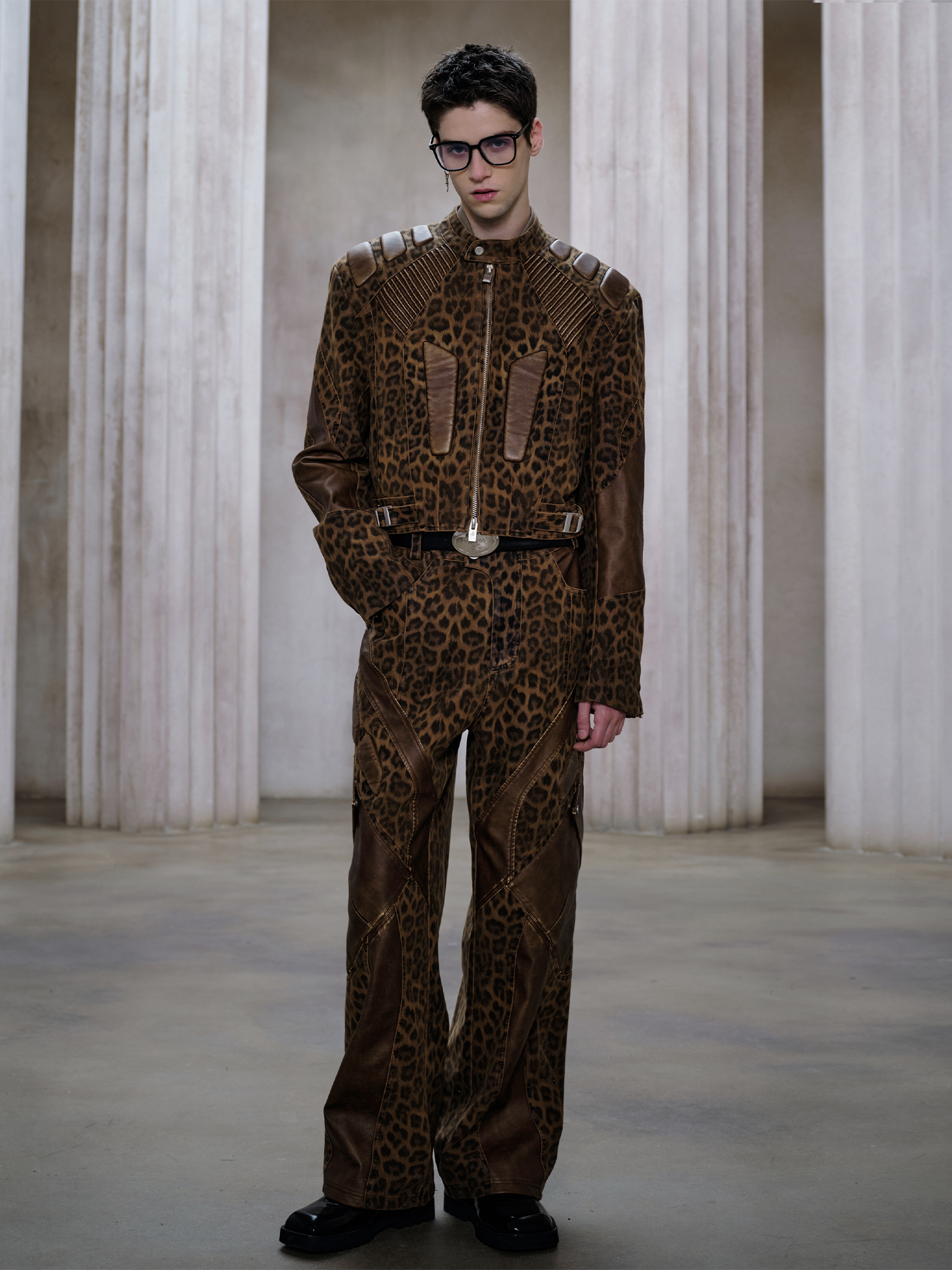 FACEONLAB Leopard Paneled Ribbed Armor Jacket