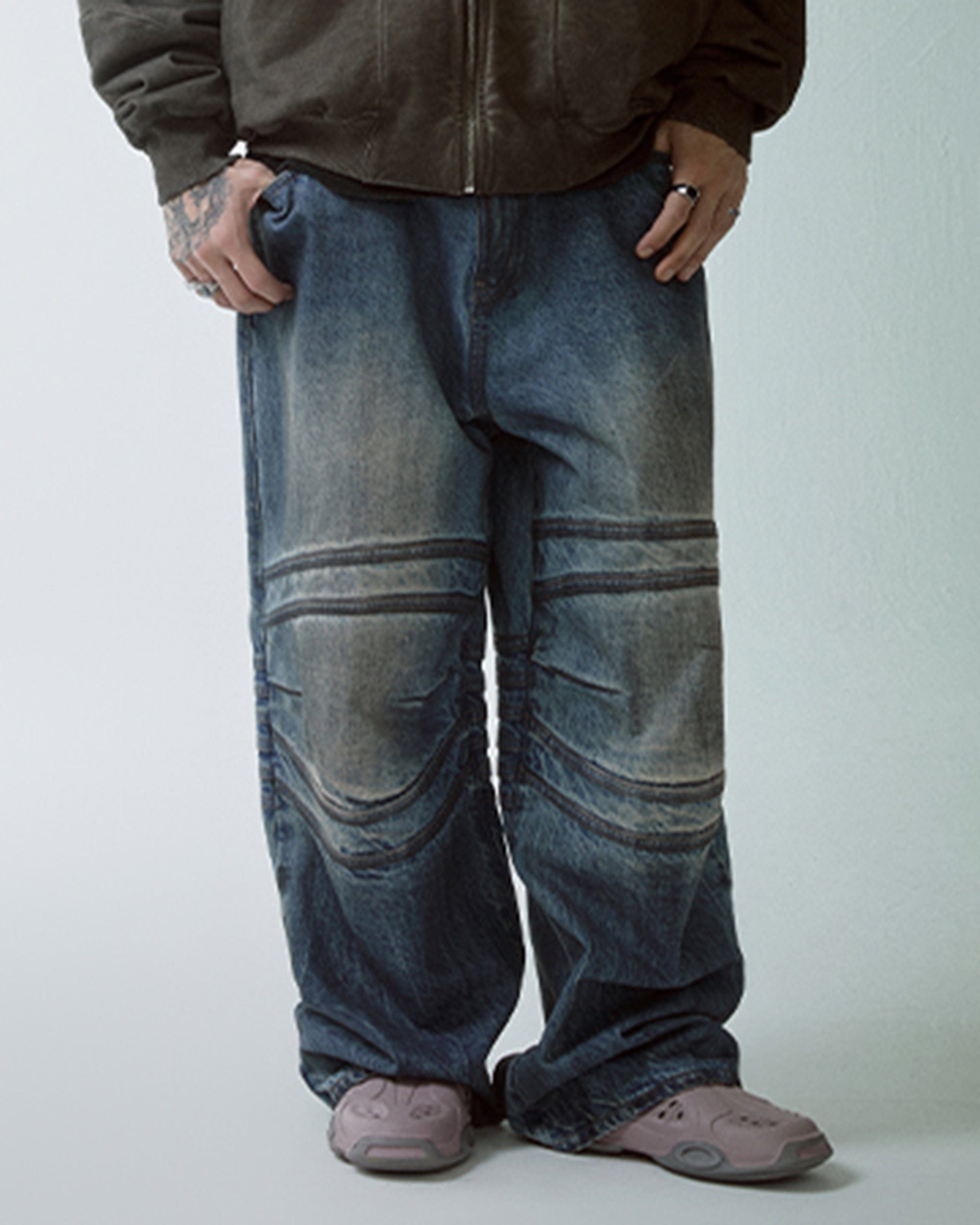 F2CE Retro Crinkled-Knee Washed Pants, premium urban and streetwear designers apparel on PROJECTISR.com, F2CE