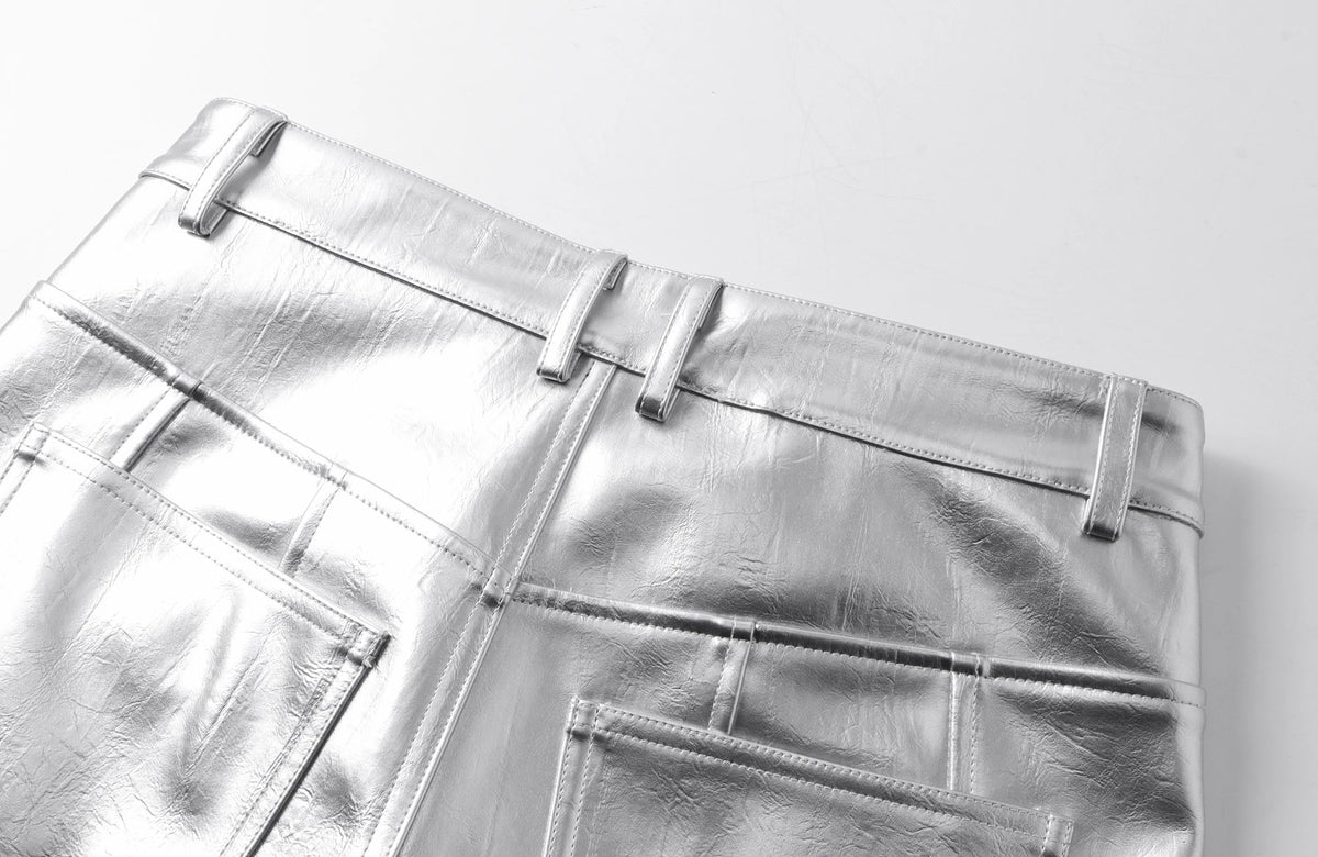 REBEL WAVE Silver Liquid Faux Leather Straight-Leg Pants