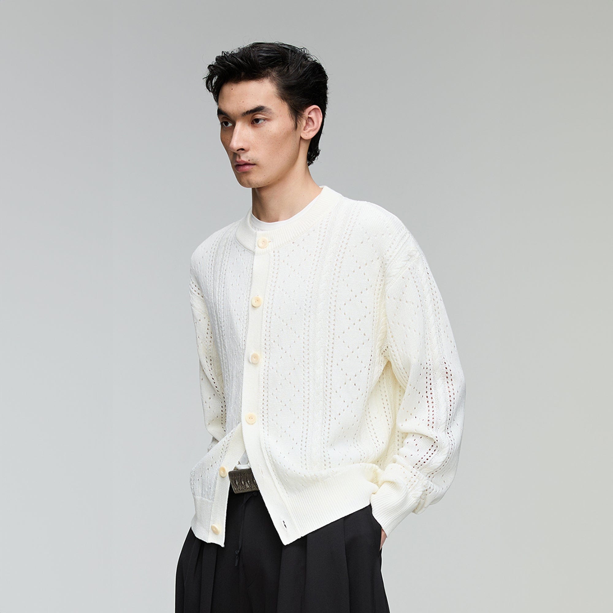 OPICLOTH Eyelet Knit Button-Up Cardigan, premium urban and streetwear designers apparel on PROJECTISR.com, OPICLOTH