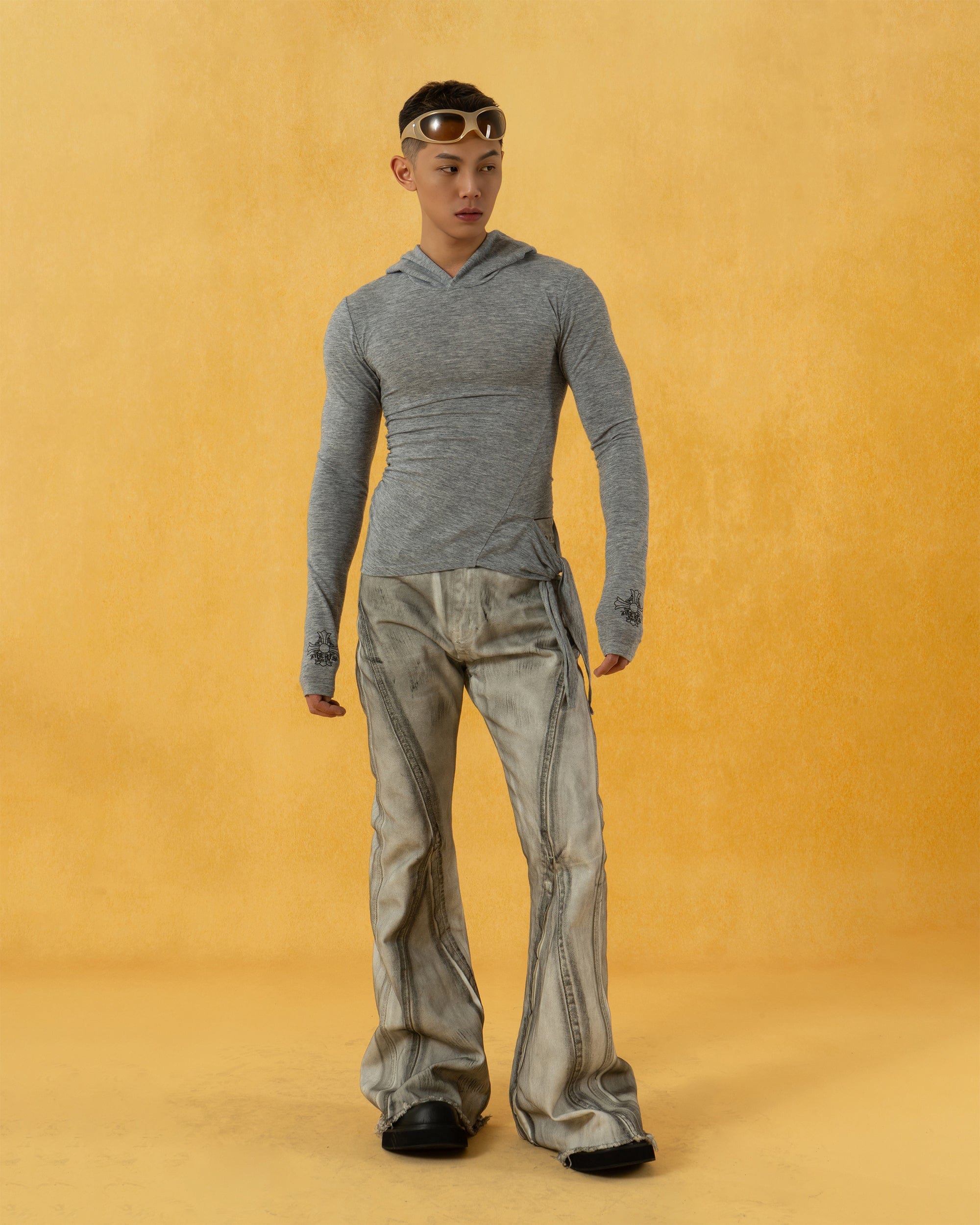 CLP Spliced Distressed Raw Edge Flared Jeans, premium urban and streetwear designers apparel on PROJECTISR.com, CLP