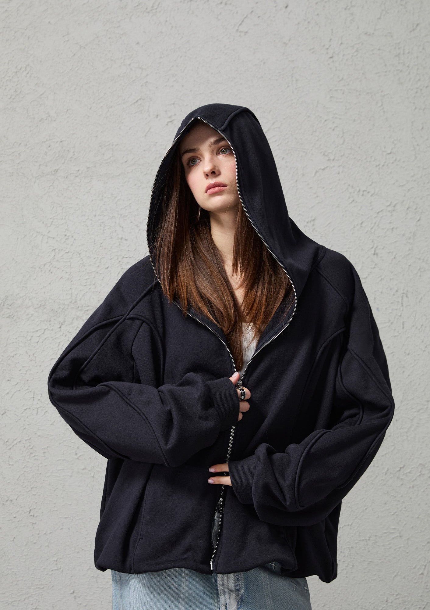 ORGANIC EMOTION Curved Panel Drawstring-Hem Zip-Up Hoodie, premium urban and streetwear designers apparel on PROJECTISR.com, ORGANIC EMOTION