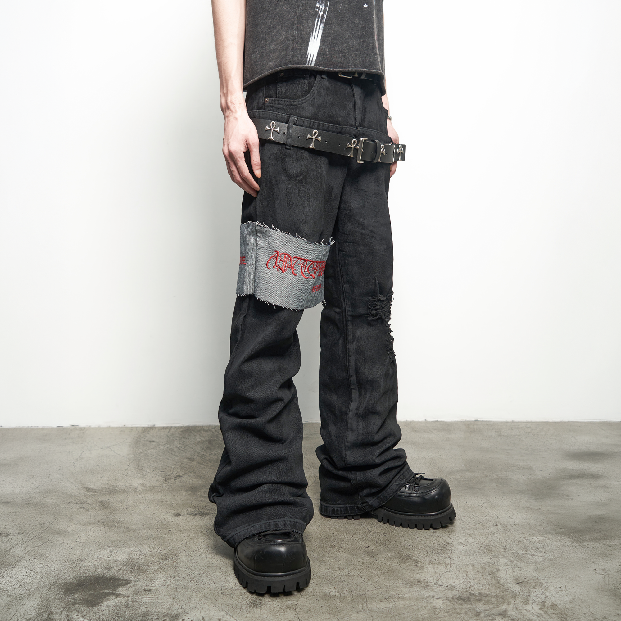 ANTI WAR REVIVAL Panelled Waxed Distressed Embroidered Double-Waistband Jeans