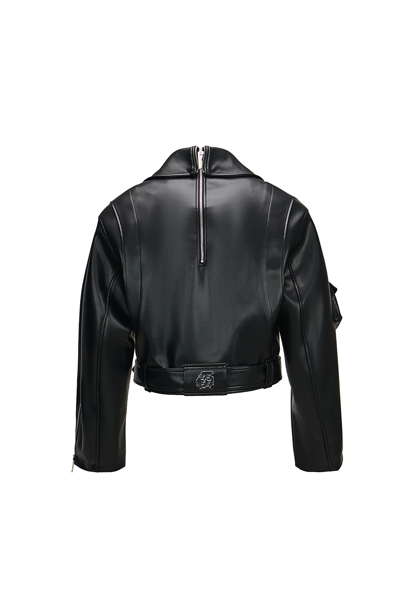 455EMBLE Asymmetrical Back-Zip Cropped PU Biker Jacket, premium urban and streetwear designers apparel on PROJECTISR.com, 455EMBLE