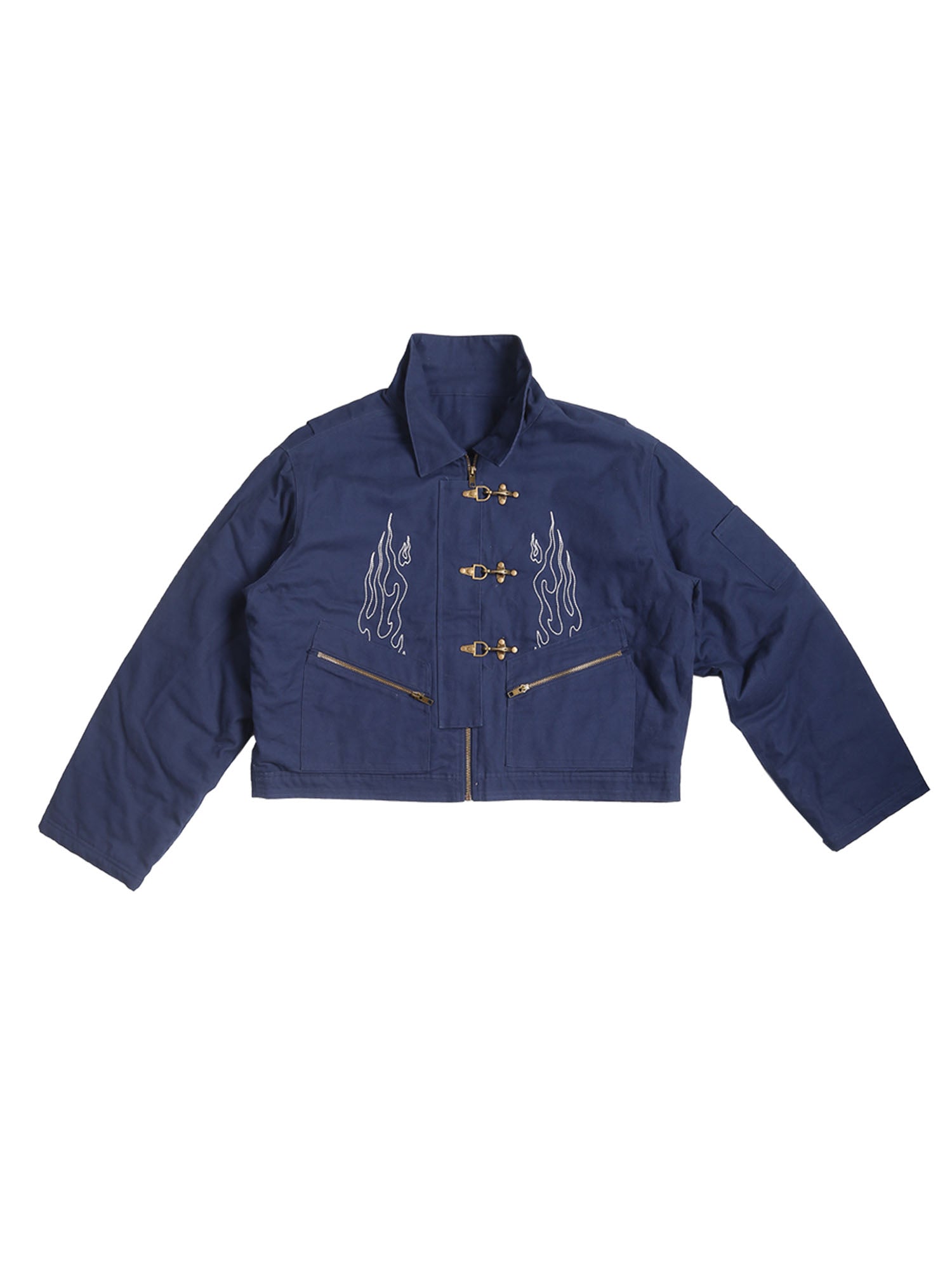 TRECLUB Flame Embroidered Hook Buckle Cropped Jacket