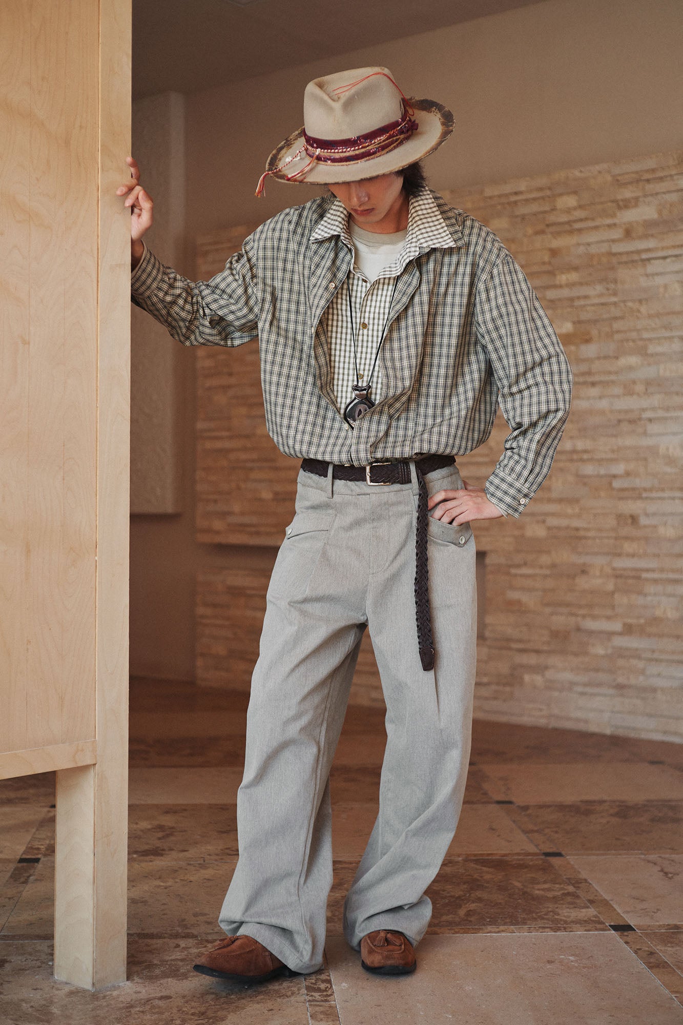 GONGHE REPUB Faux Layered Collar Plaid Shirt, premium urban and streetwear designers apparel on PROJECTISR.com, GONGHE REPUB