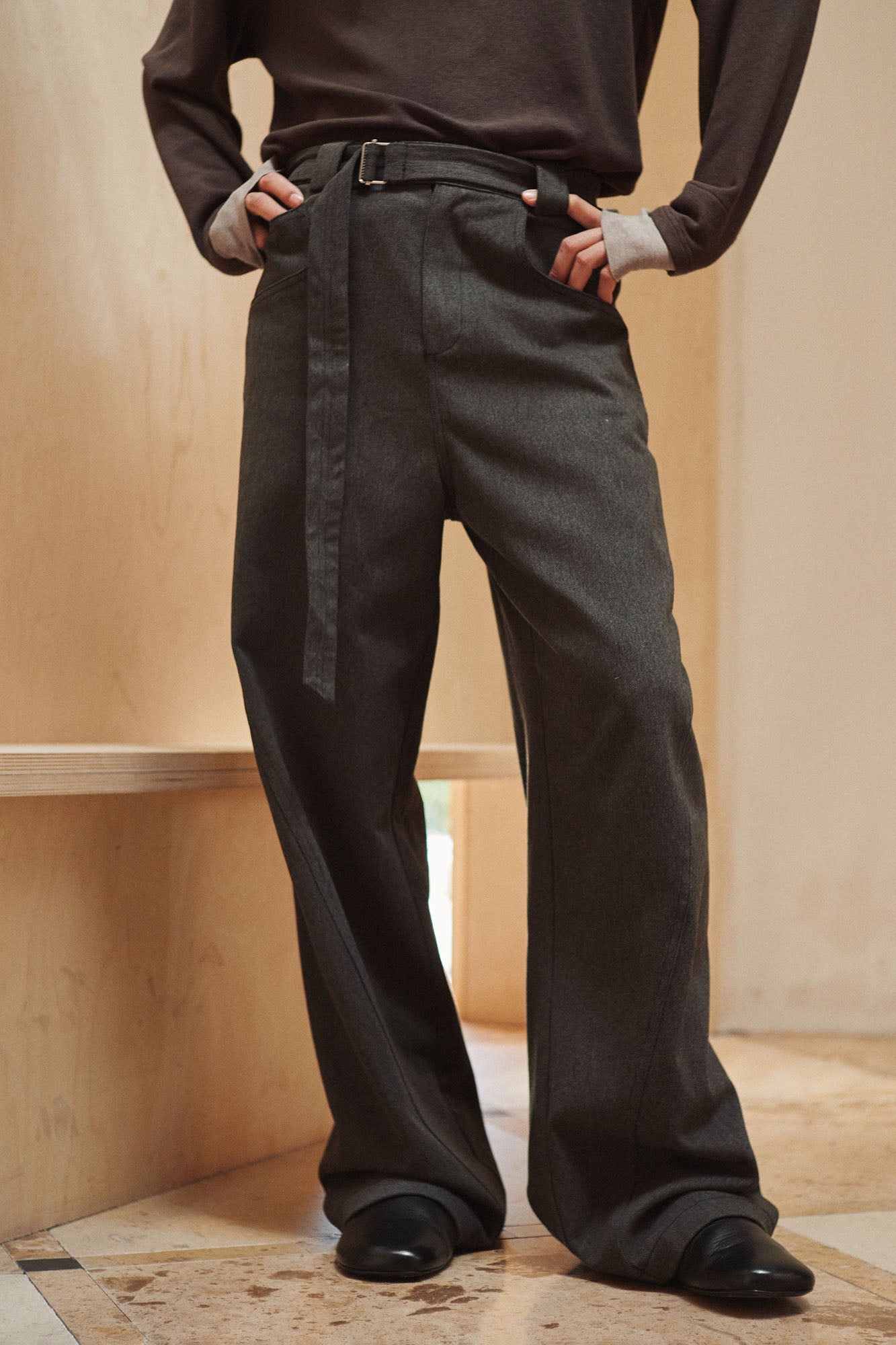 GONGHE REPUB Brushed Detachable Belt Wide-Leg Pants