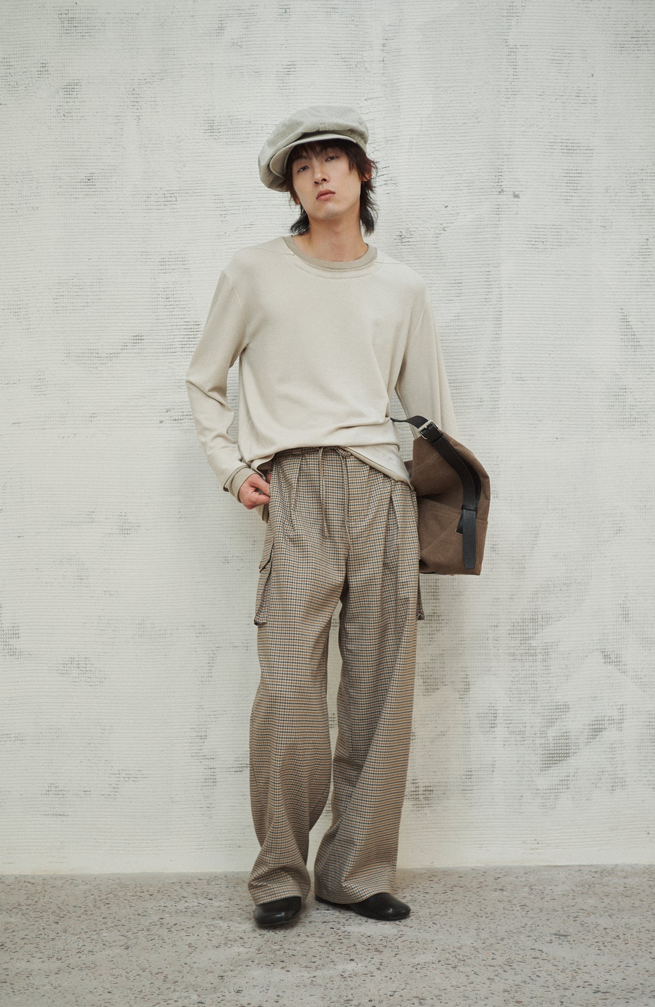 GONGHE REPUB Modern Pleated Checkered Wide-Leg Trousers