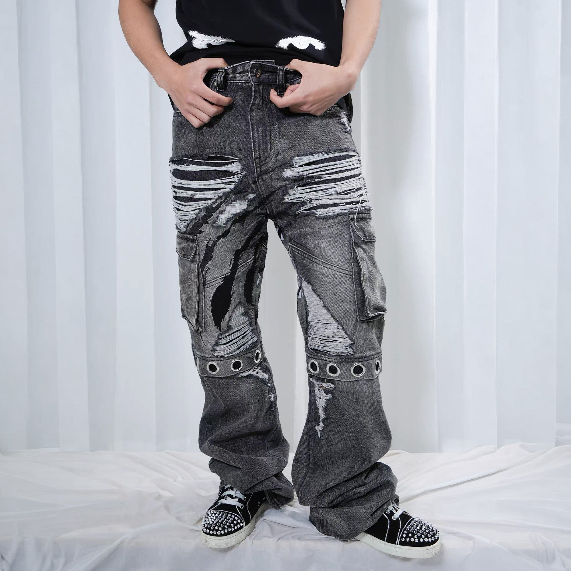 VINKID Distressed Grommet Strap Flared Jeans, premium urban and streetwear designers apparel on PROJECTISR.com, VINKID