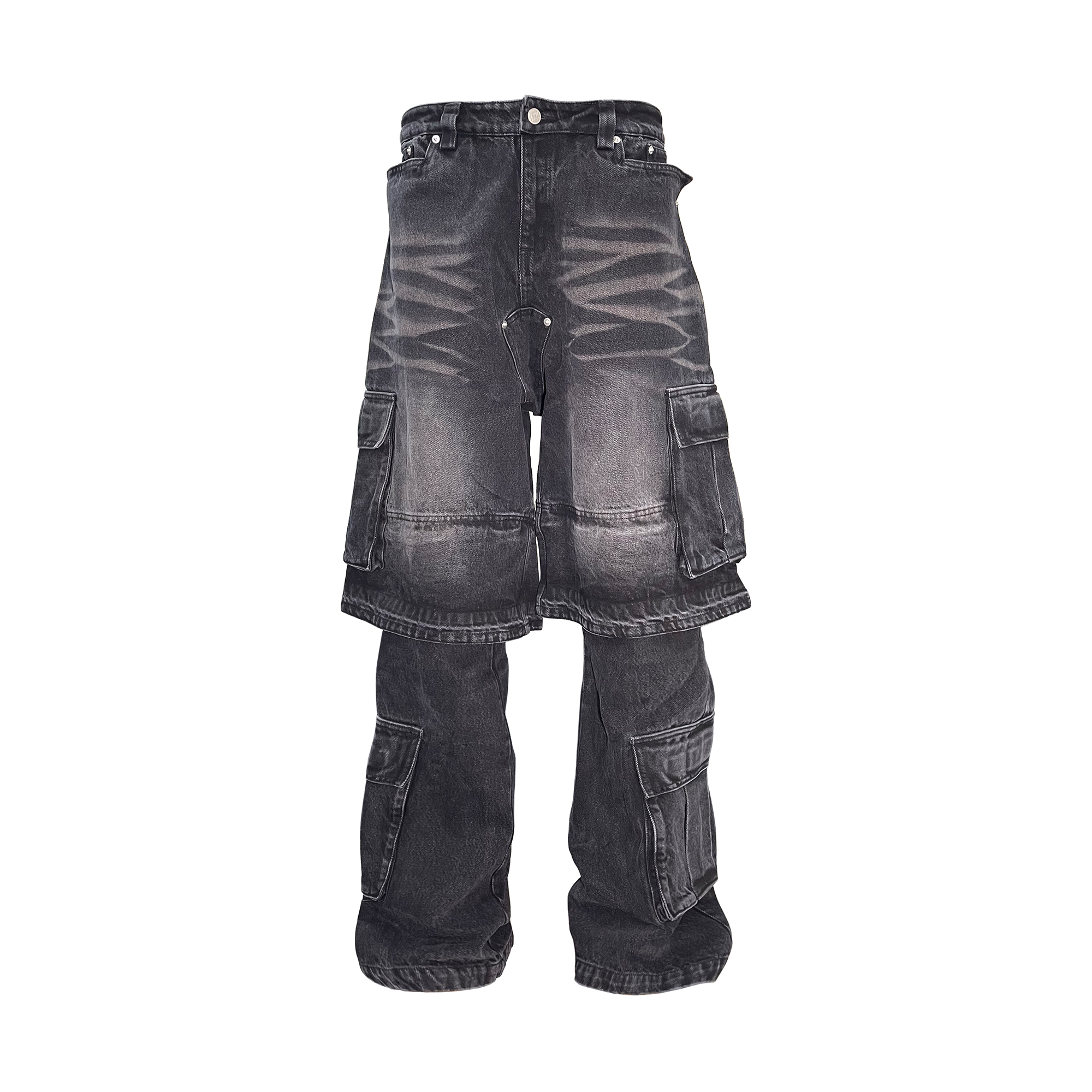 PCCVISION Washed Double-Layered Multi-Pockets Jeans