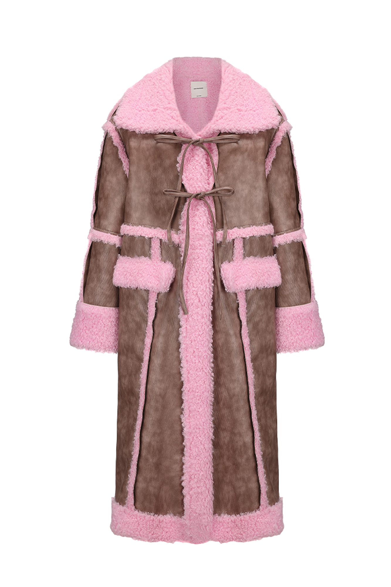 VANN VALRENCE Shearling-Trim Panel PU Long Coat