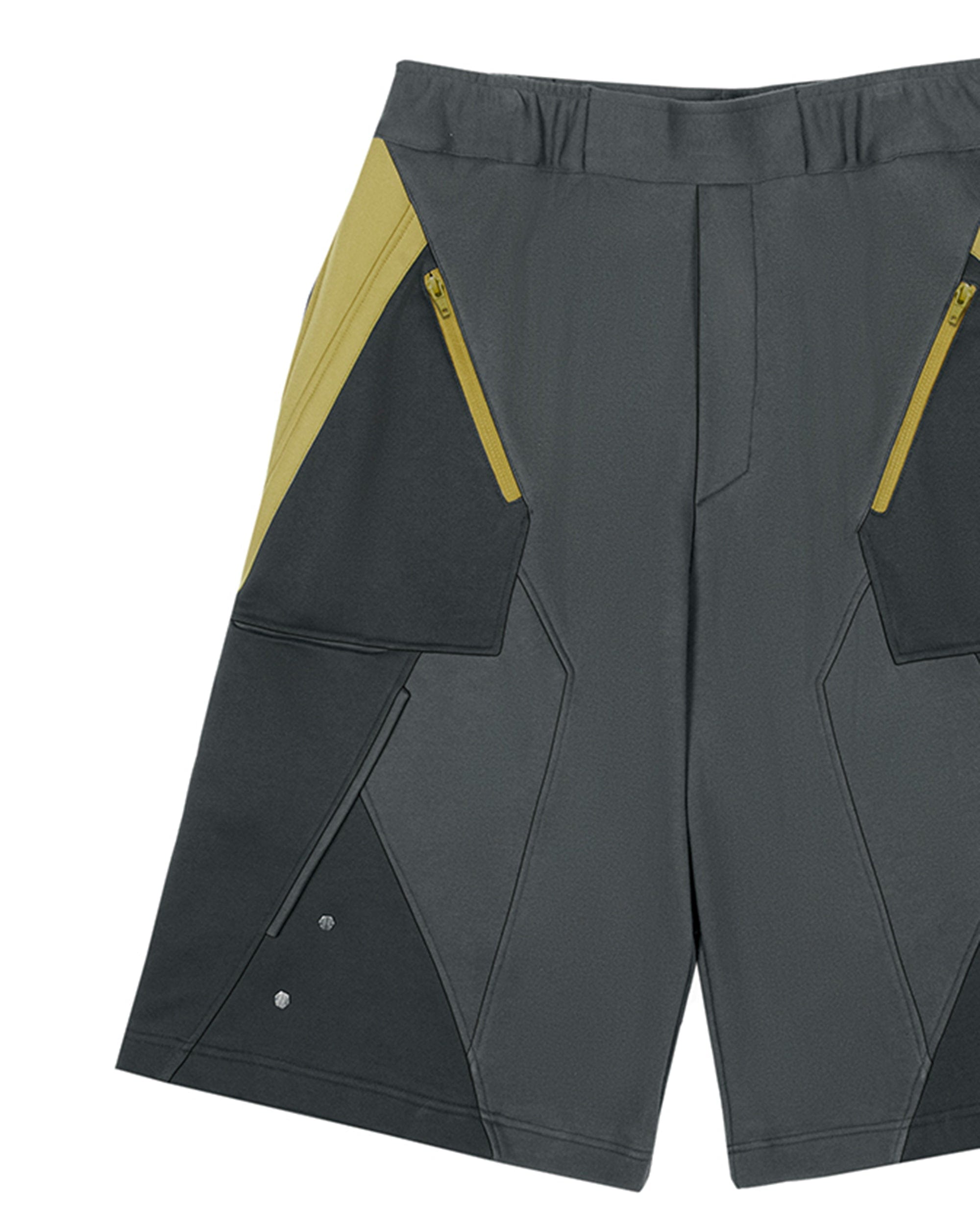 XIPHEVIL Deconstructed Zipper Rivet Shorts Yellow, premium urban and streetwear designers apparel on PROJECTISR.com, XIPHEVIL