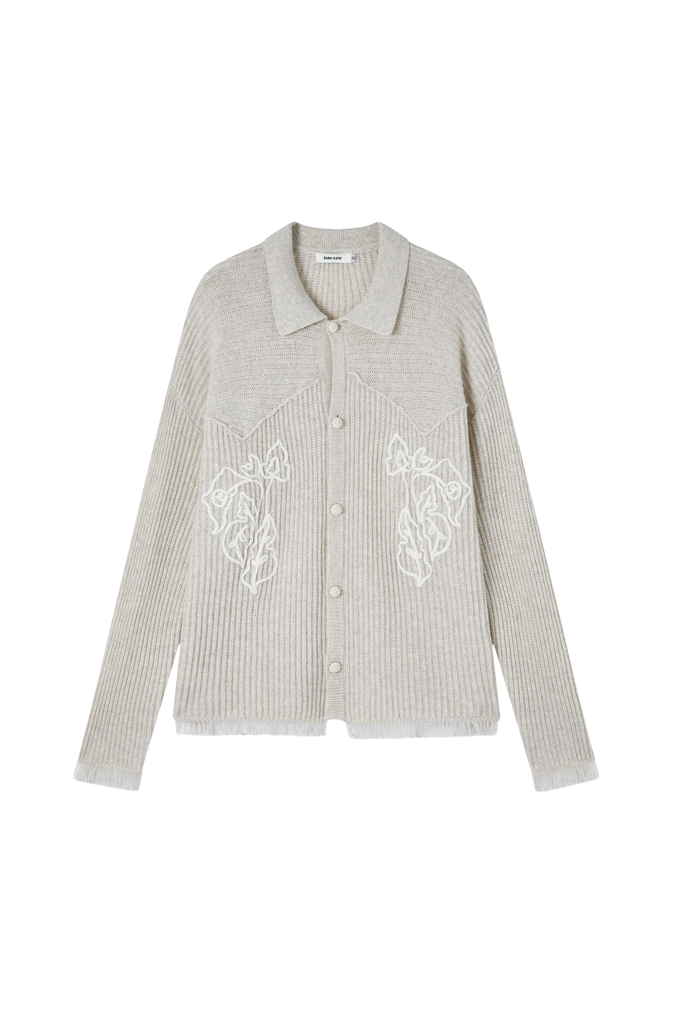 SAME FLOW Floral Embroidery Fringe-Hem Rib Cardigan