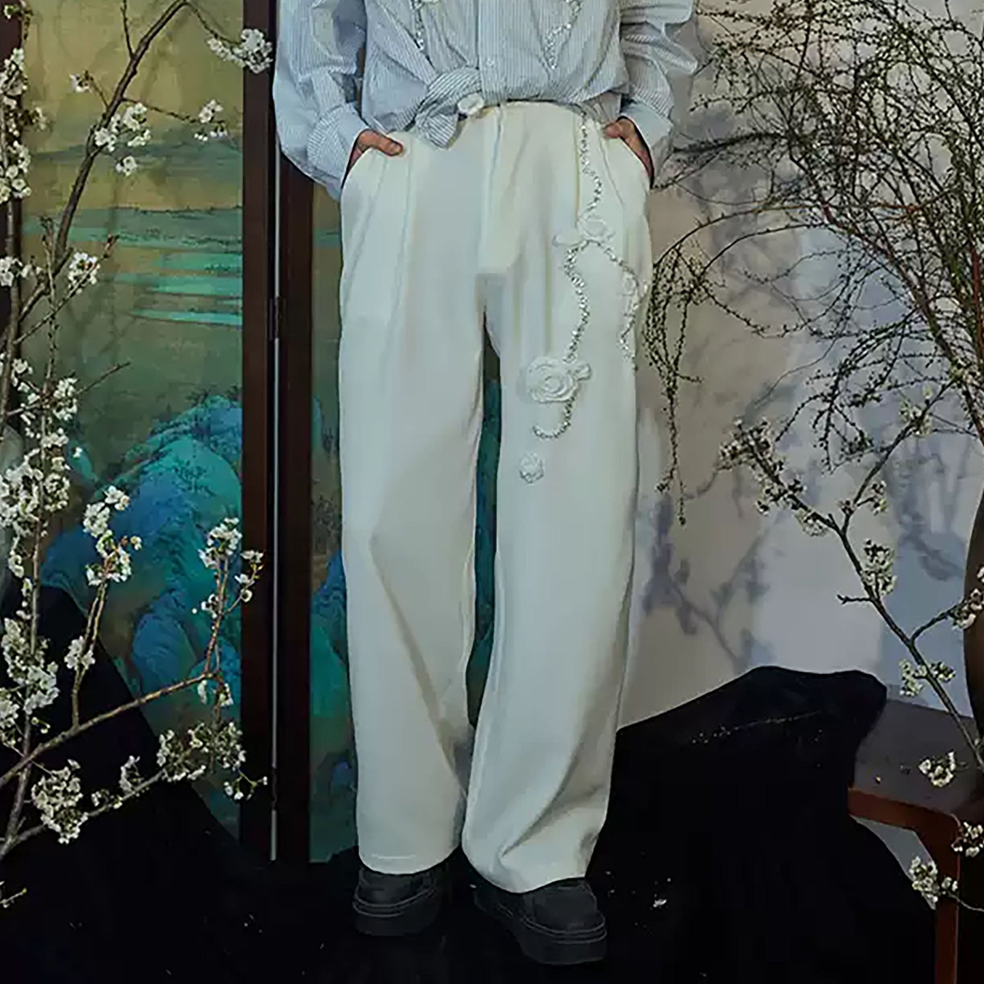 JIECHI Vine Rose Embroidered Trousers, premium urban and streetwear designers apparel on PROJECTISR.com, JIECHI