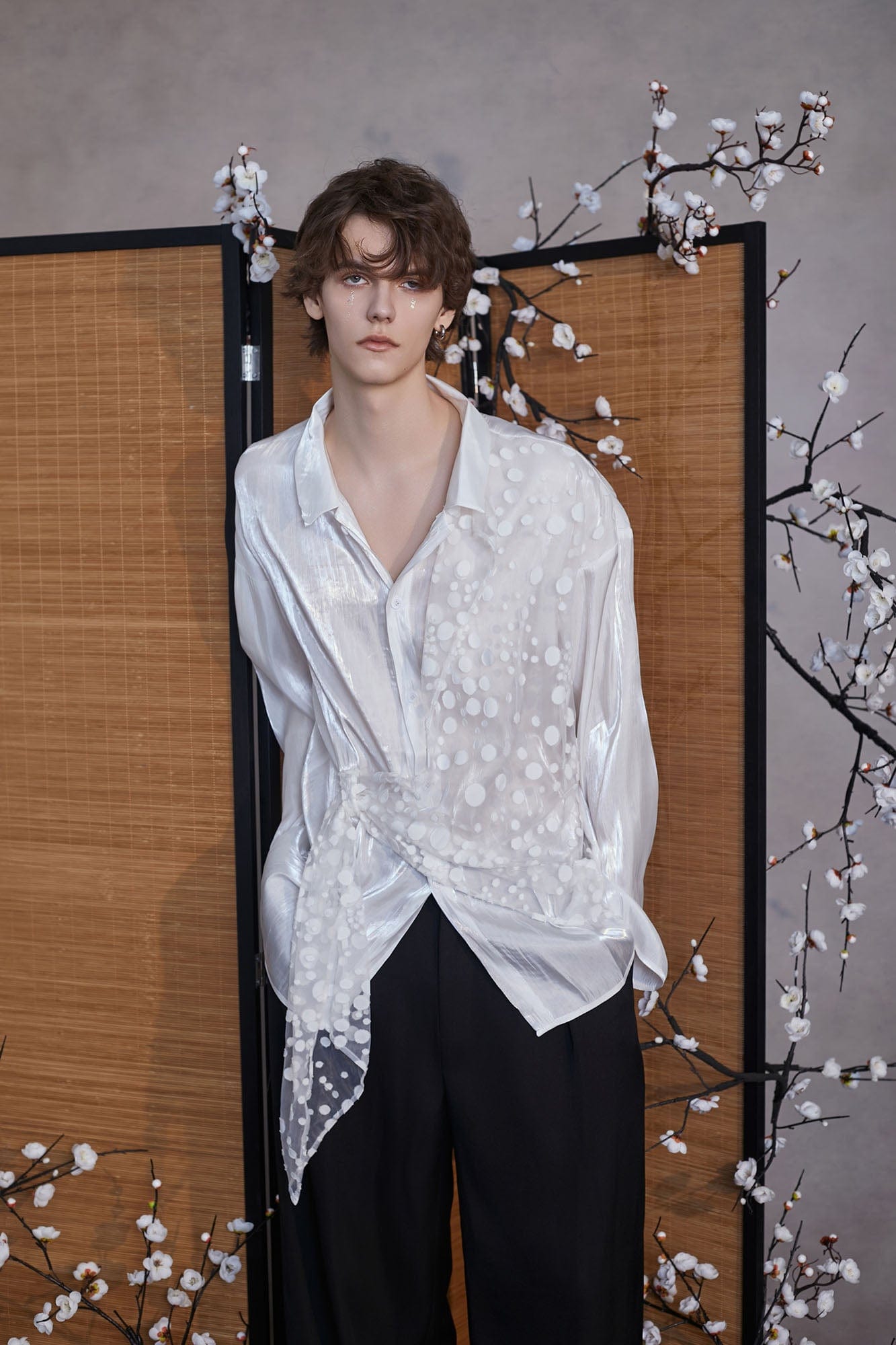 JIECHI Dots Tulle Drape Iridescent Shirt, premium urban and streetwear designers apparel on PROJECTISR.com, JIECHI