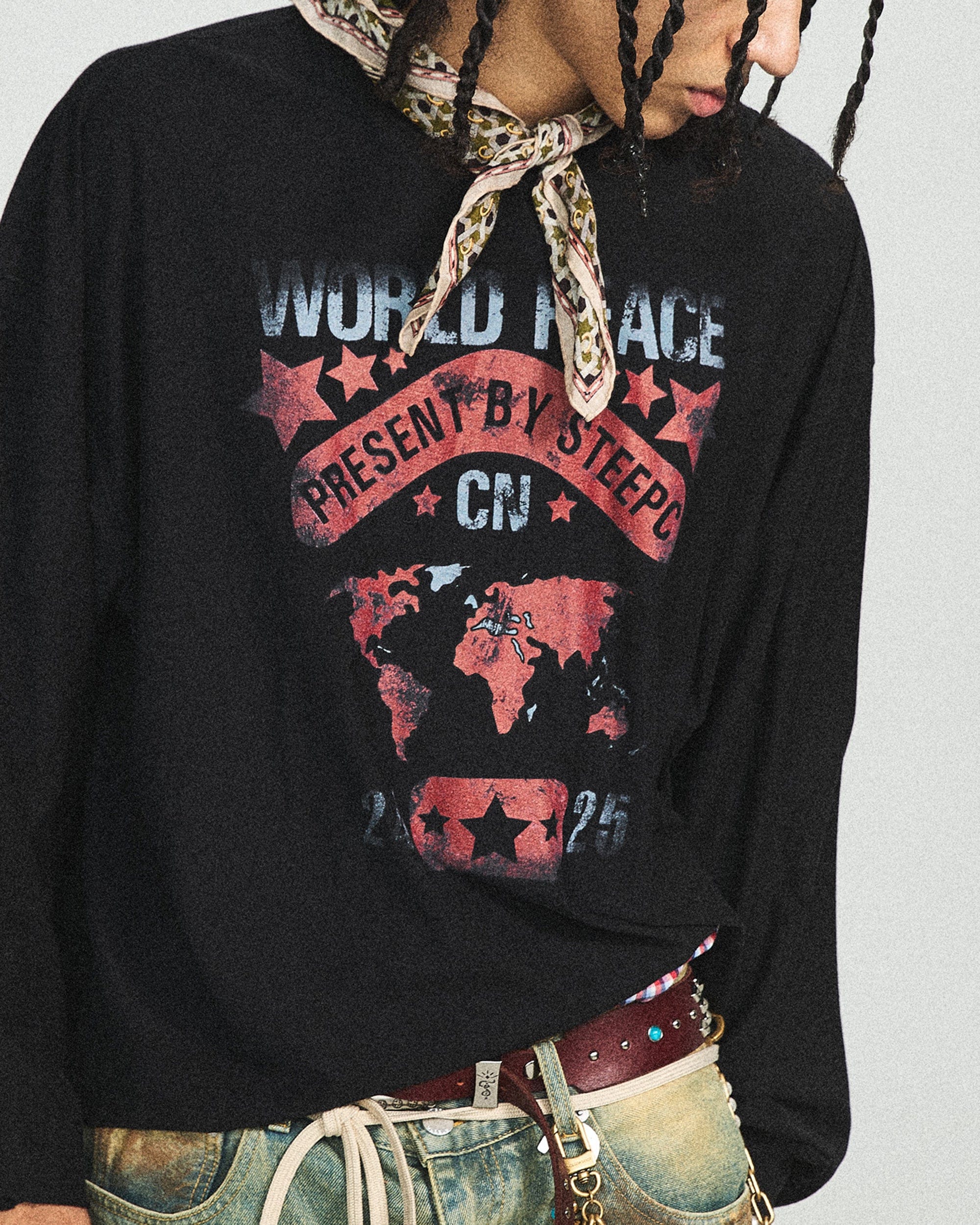 STEEPC Retro World Peace Frayed Long-Sleeve Tee, premium urban and streetwear designers apparel on PROJECTISR.com, STEEPC