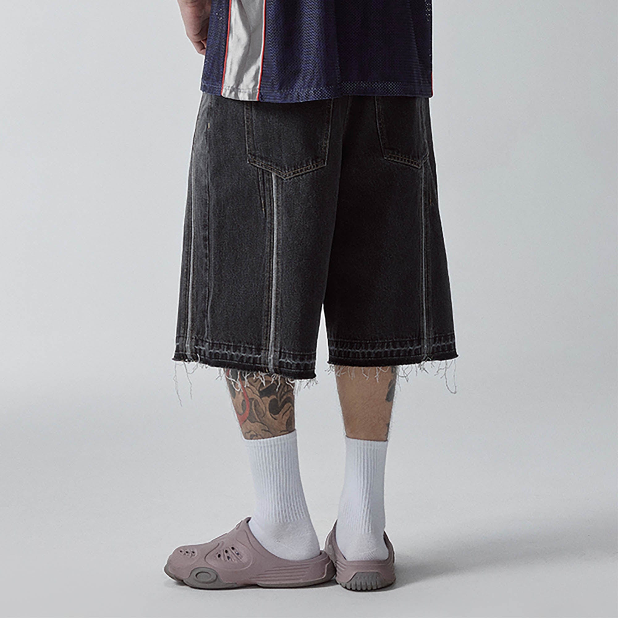 F2CE Raw-Hem Raised Seam Washed Denim Shorts, premium urban and streetwear designers apparel on PROJECTISR.com, F2CE