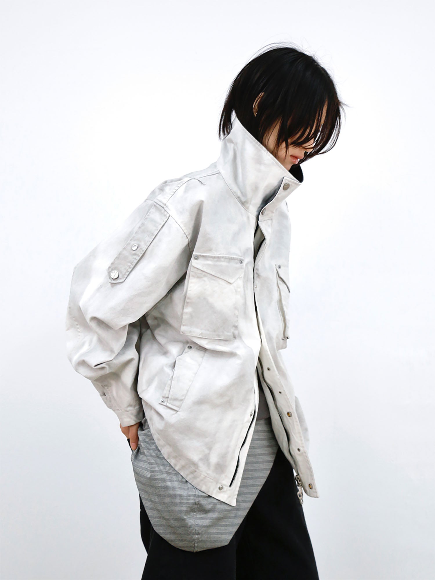 RELABEL Distressed Plaid Hood Oversized Jacket White, premium urban and streetwear designers apparel on PROJECTISR.com, RELABEL