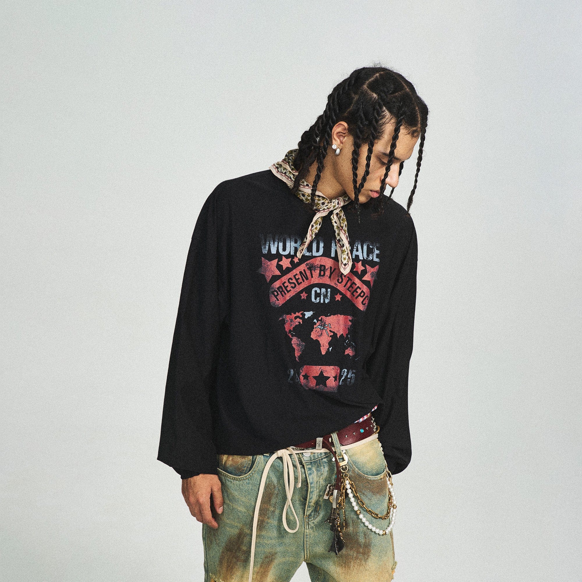 STEEPC Retro World Peace Frayed Long-Sleeve Tee, premium urban and streetwear designers apparel on PROJECTISR.com, STEEPC