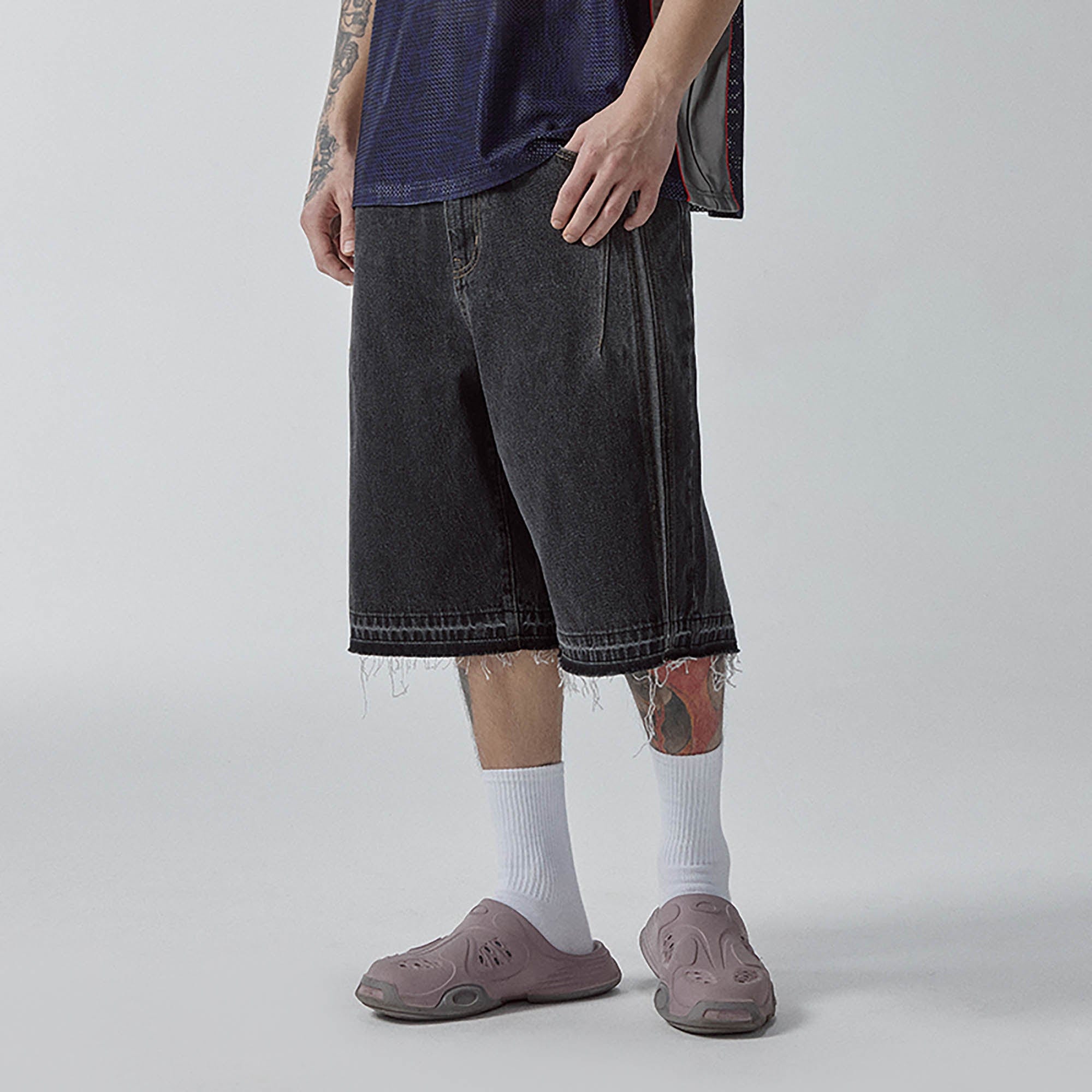 F2CE Raw-Hem Raised Seam Washed Denim Shorts, premium urban and streetwear designers apparel on PROJECTISR.com, F2CE