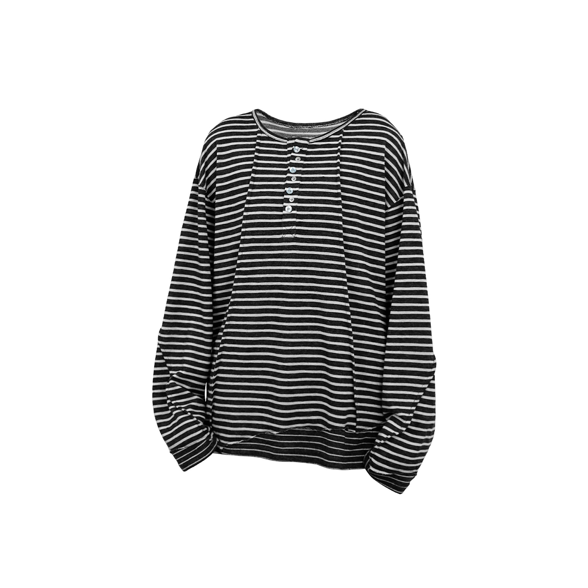 RELABEL Striped Pleated Henley Long-Sleeve Tee, premium urban and streetwear designers apparel on PROJECTISR.com, RELABEL