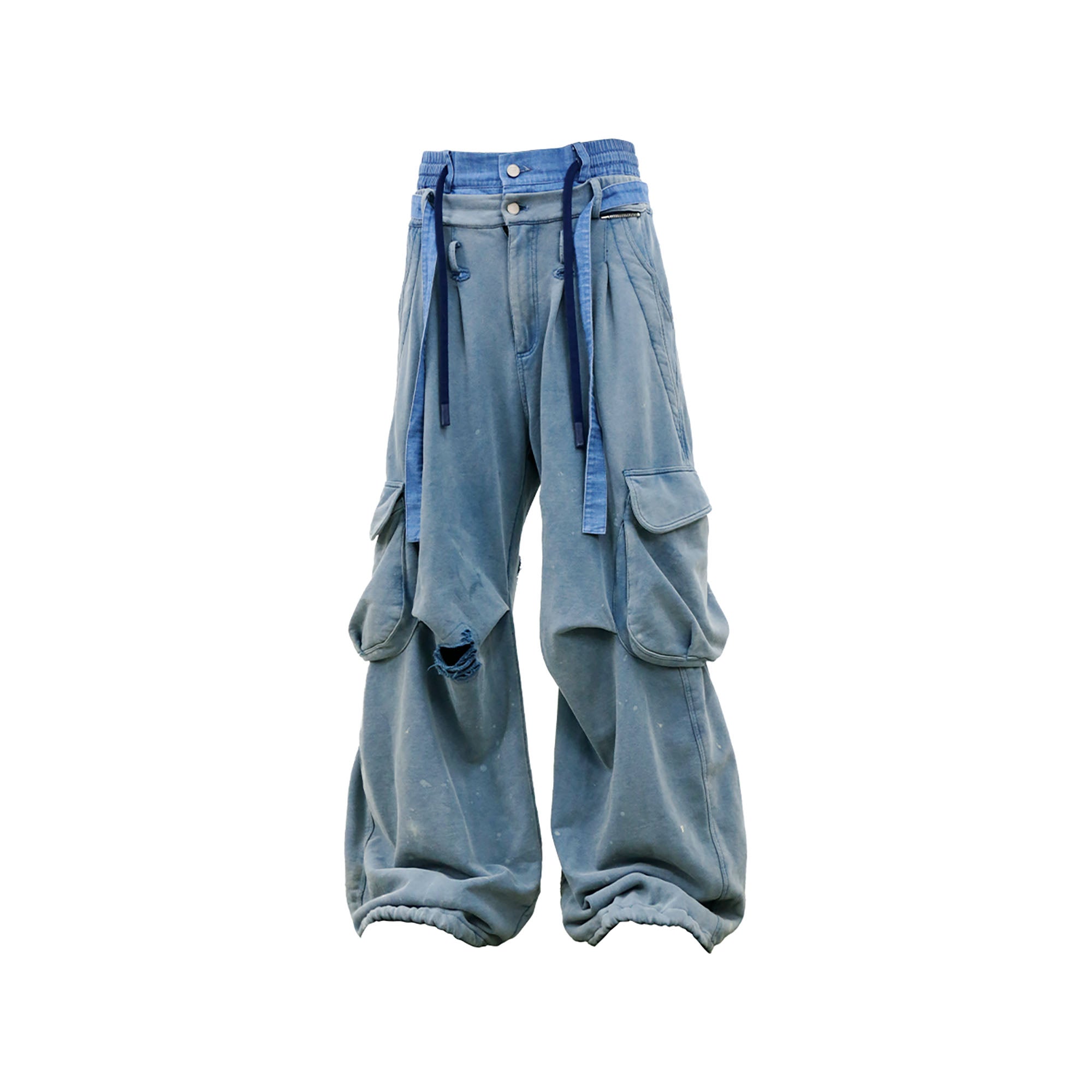 RELABEL Distressed Splatter Double-Waist Cargo Pants, premium urban and streetwear designers apparel on PROJECTISR.com, RELABEL