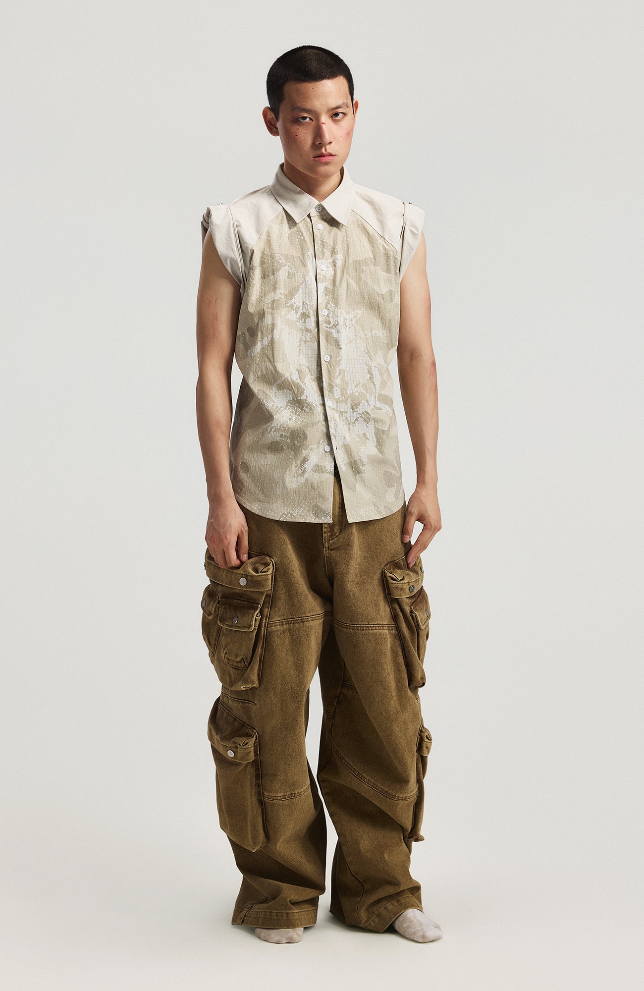 INTERRUPT Camo Graphic Sleeveless Studded Raglan Shirt
