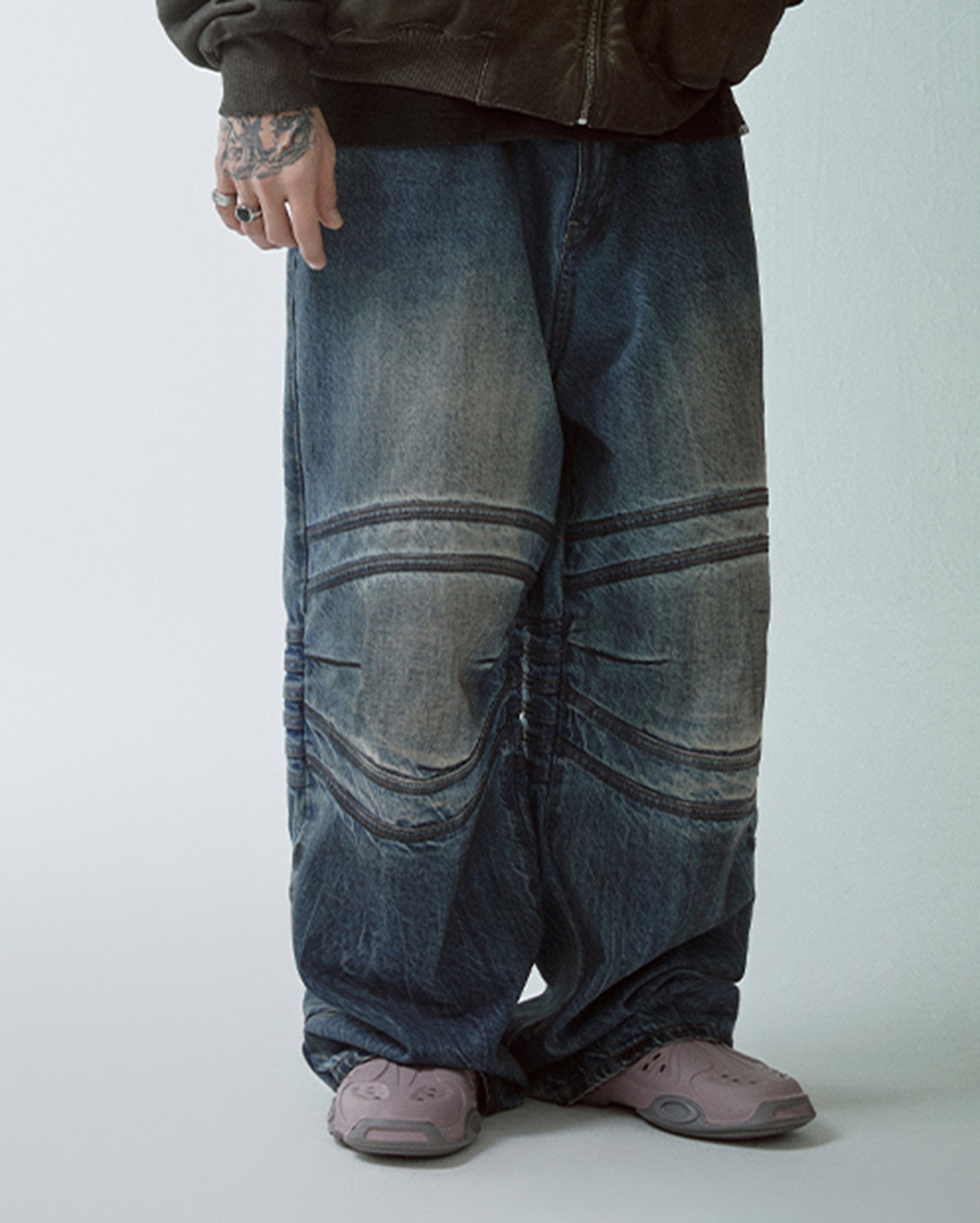 F2CE Retro Crinkled-Knee Washed Pants, premium urban and streetwear designers apparel on PROJECTISR.com, F2CE
