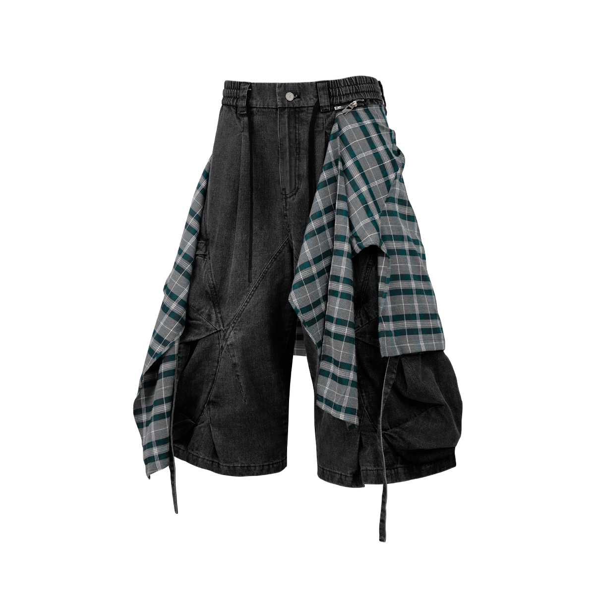 RELABEL Detachable Plaid Drape Oversized Denim Shorts, premium urban and streetwear designers apparel on PROJECTISR.com, RELABEL